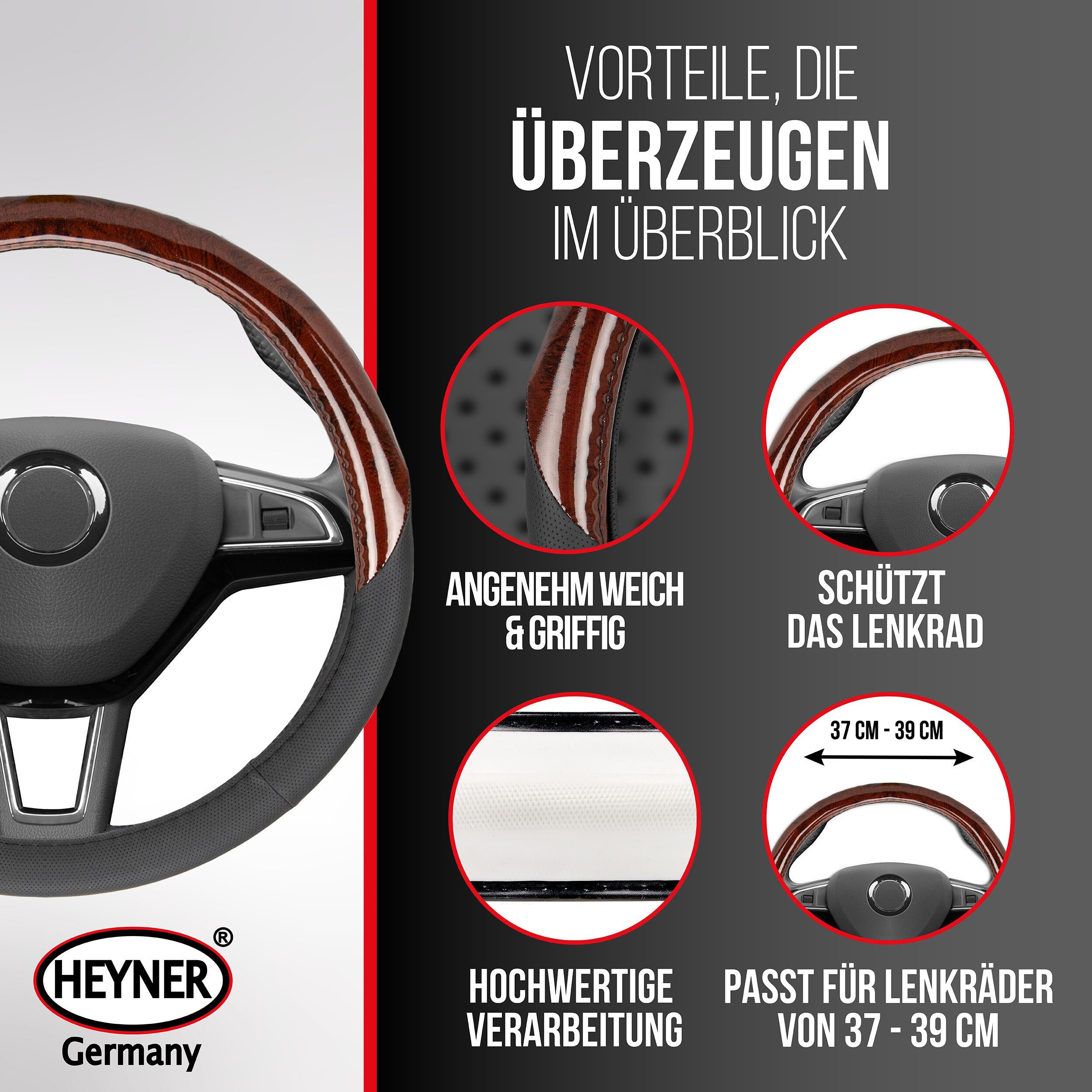HEYNER Lenkradbezug Lenkradhülle Auto 37-39 cm modern Lenkradschoner weich Leder, (1-tlg) – Bild 4 von 5