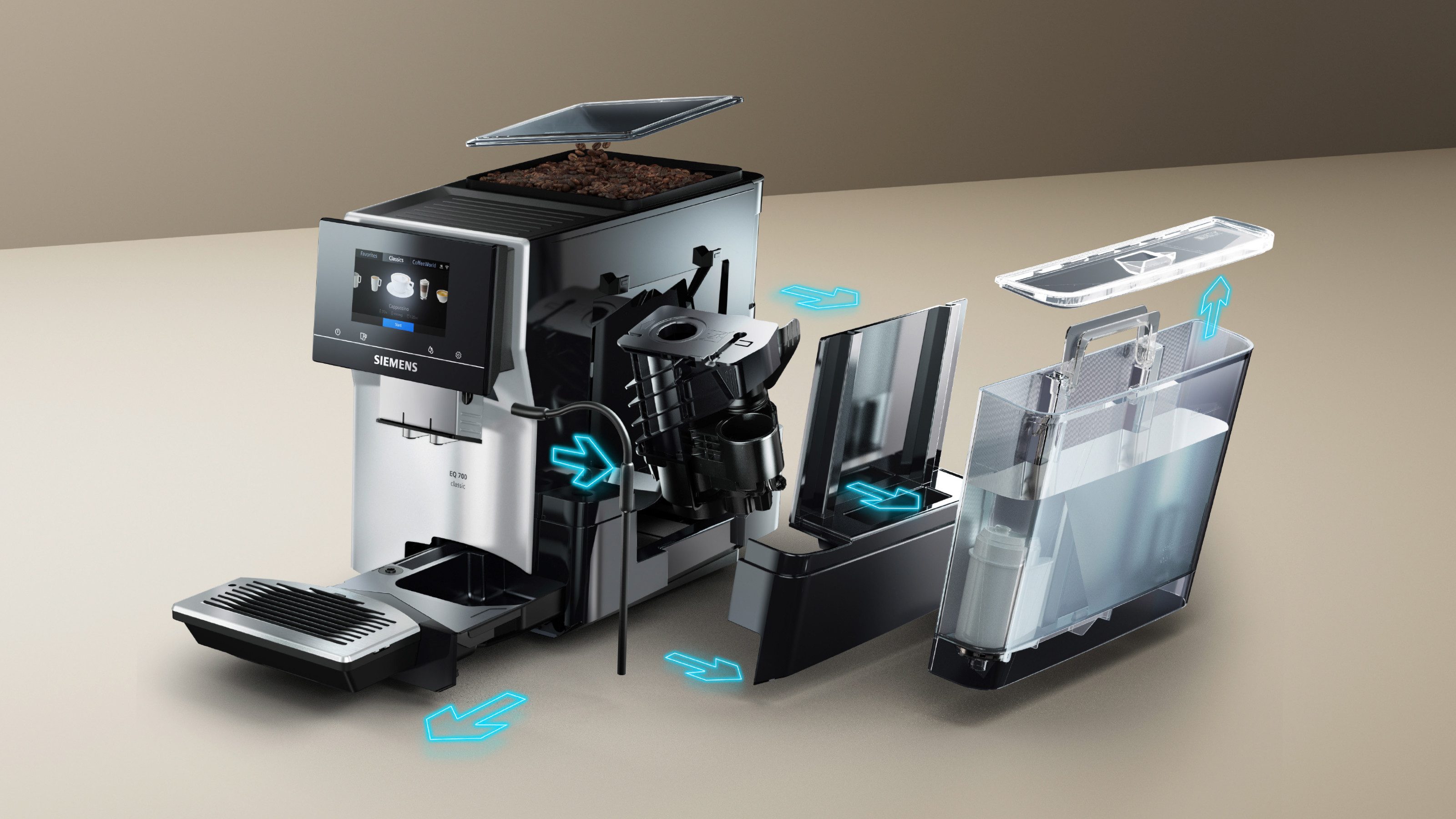 SIEMENS Kaffeevollautomat EQ700 classic TP715D47, Cold Brew, intuitives 5" TFT-Display, App, iaromaSelect, 10 Favoriten, autom. Dampfreinigung,silber metallic