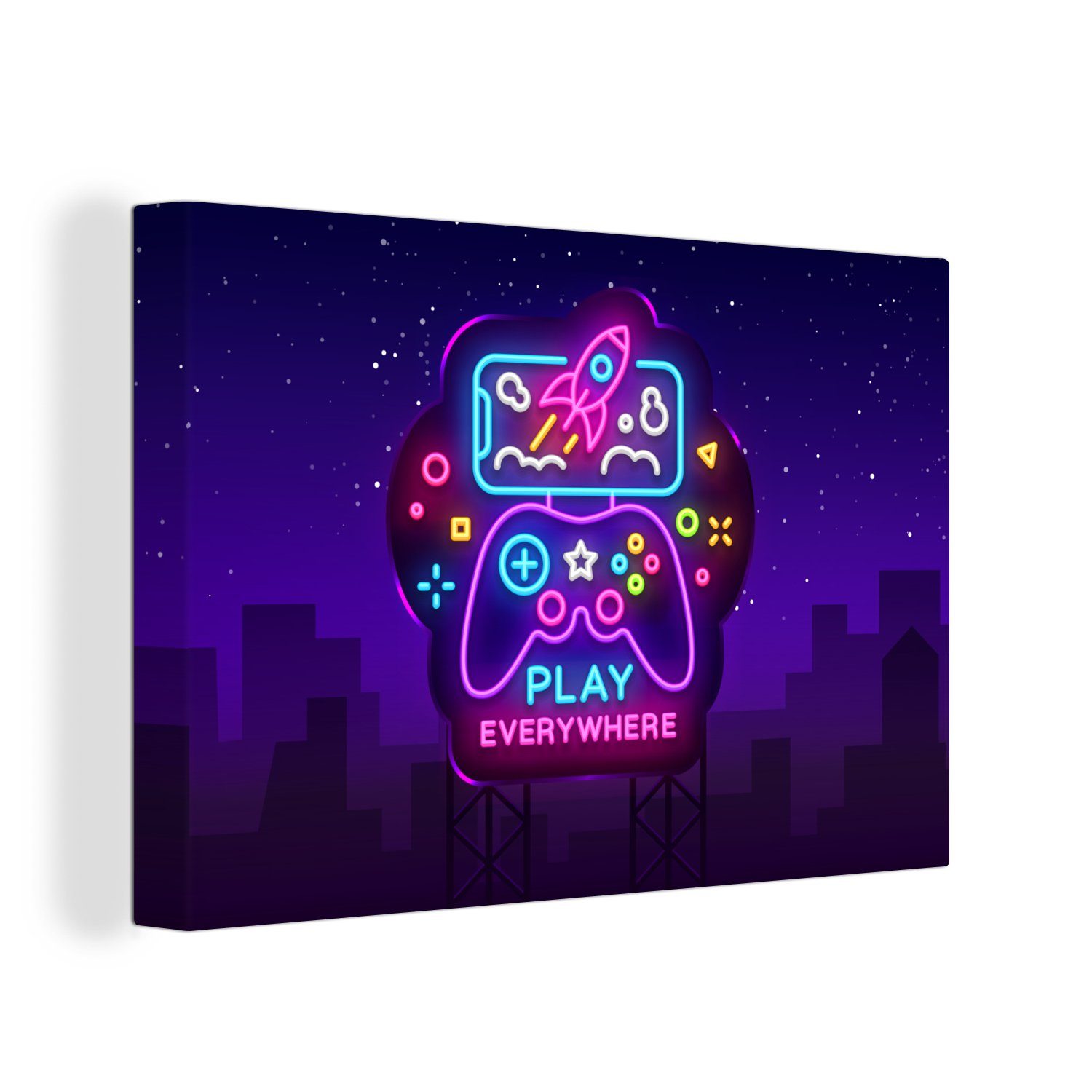 OneMillionCanvasses® Leinwandbild Gaming - Neon - Spielen - Blau - Nacht - Controller, (1 St), Wandbild Leinwandbilder, Aufhängefertig, Wanddeko, 30x20 cm bunt