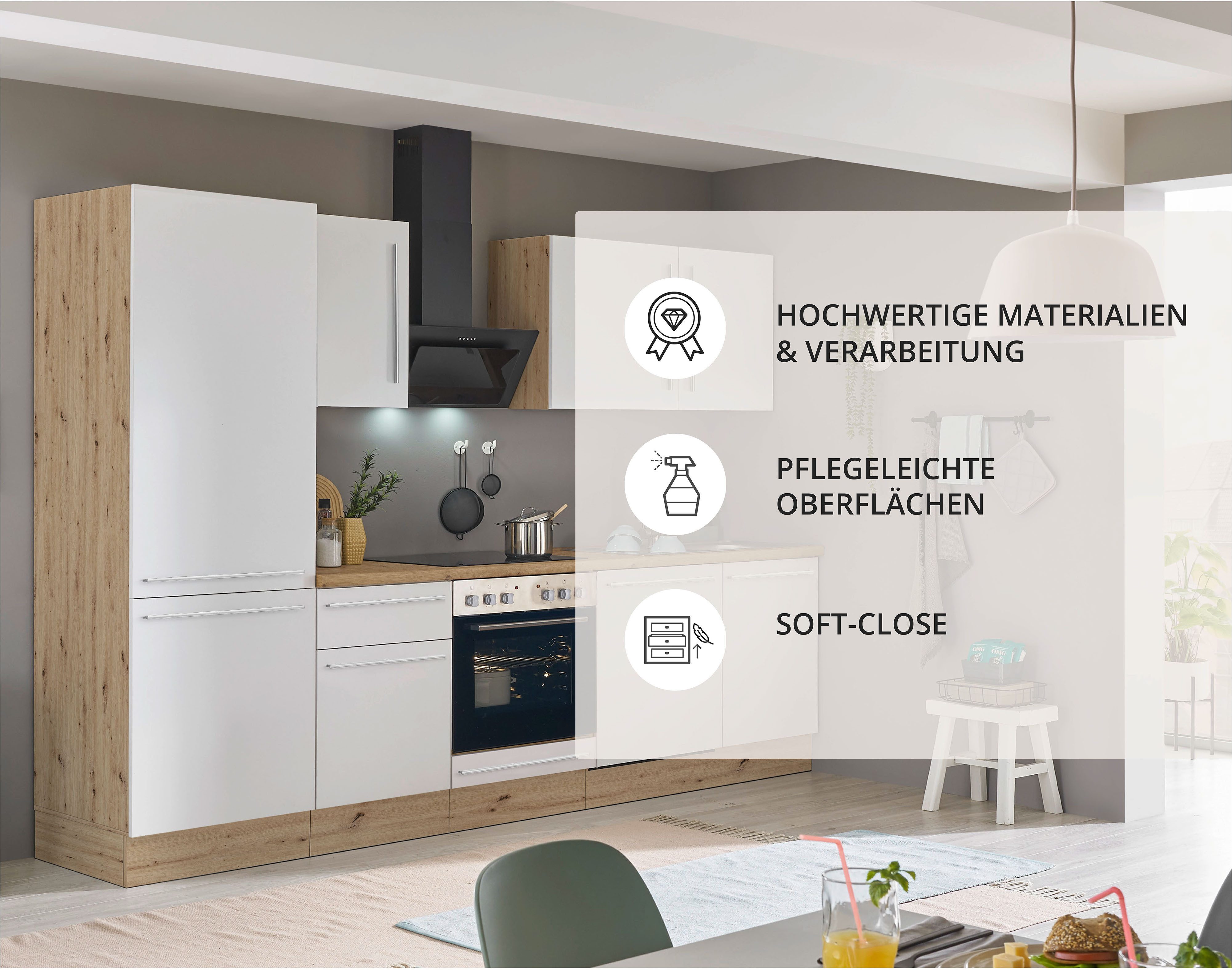 KOCHSTATION Küchenzeile KS-Florida mit 38mm starker Arbeitsplatte, Breite 280 cm, wahlweise mit E-Geräten, Soft-Close-Funktion