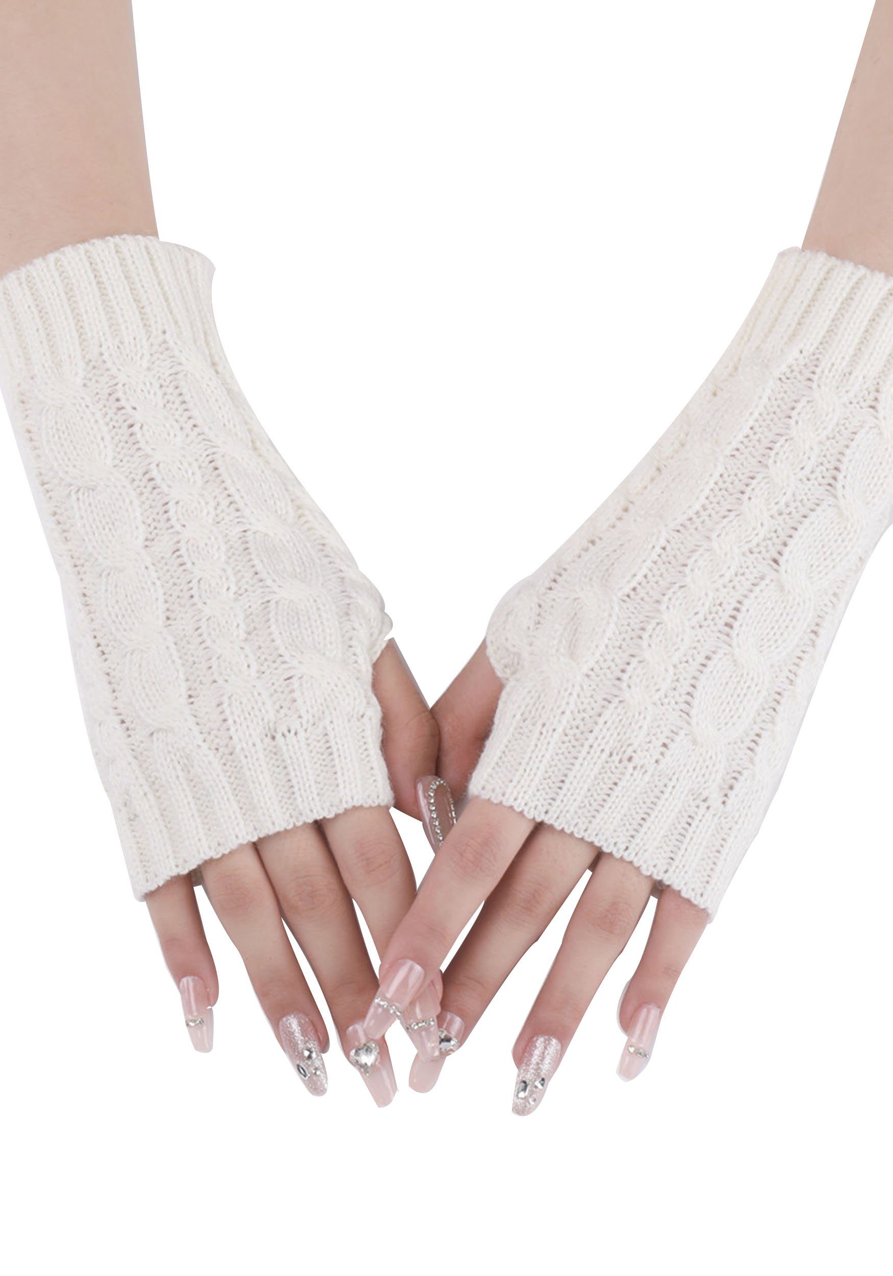 MAGICSHE Strickhandschuhe 2 Paar Gestrickte Jacquard Fingerlose Handschuhe Weiß