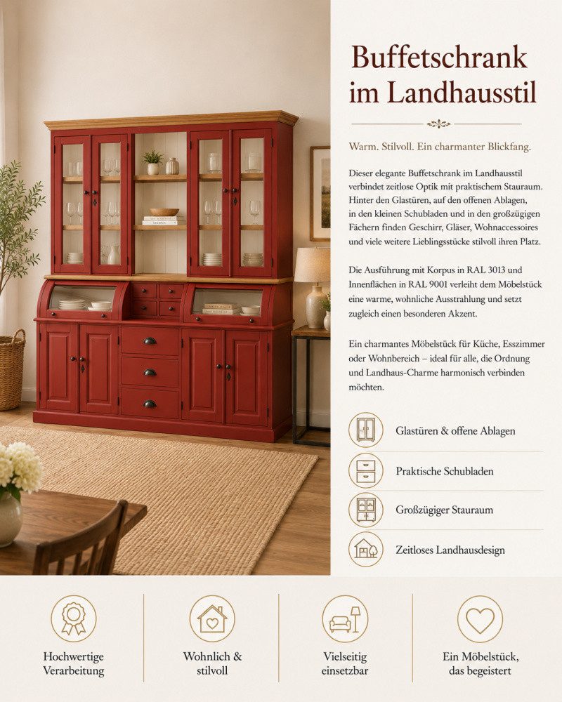 Wohnpalast Buffet Landhaus Buffet Schrank Berlin 200 cm Rot mit Eiche- Landhaus Möbel
