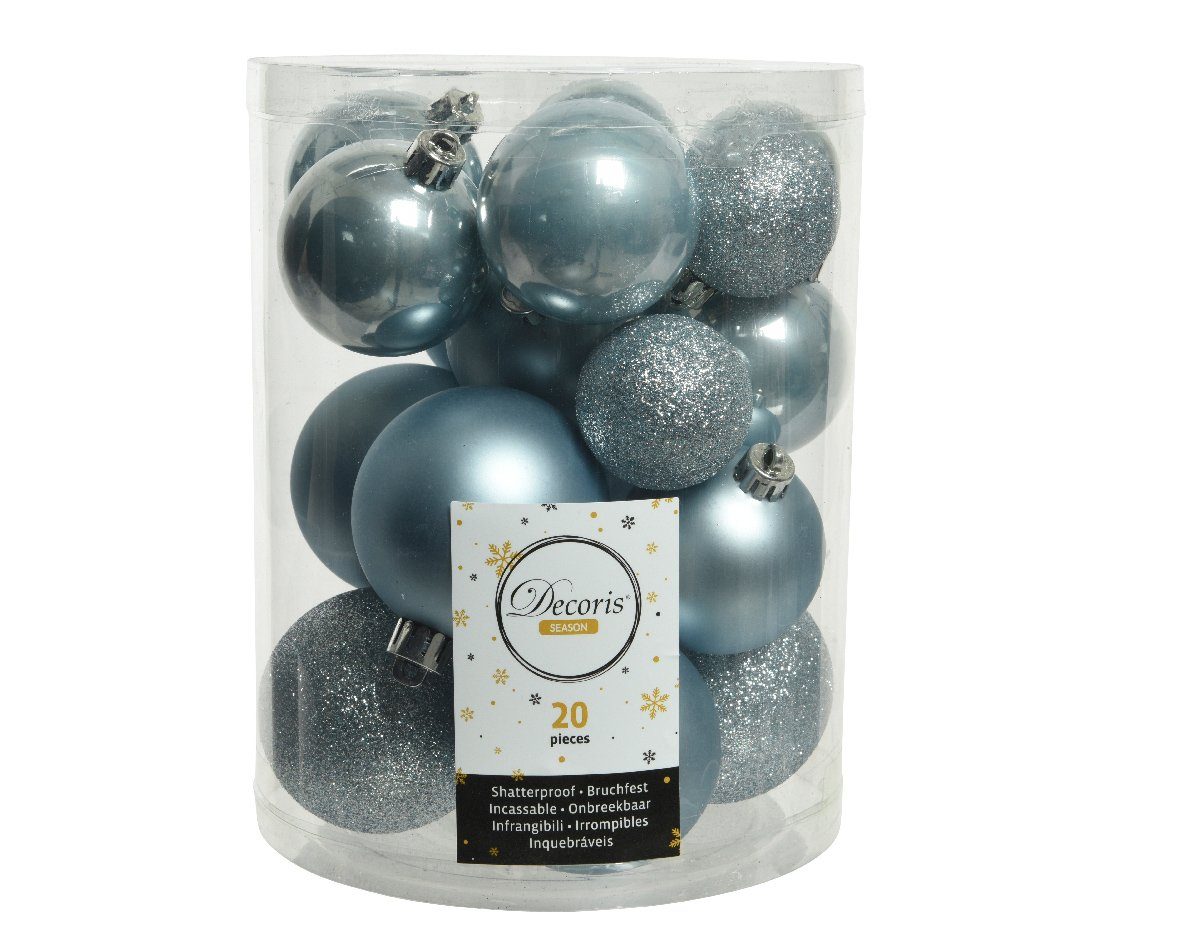 Decoris season decorations - Weihnachtskugeln Set Mix Nebelblau Kunststoff Weihnachtsbaumkugel, 4-6cm 20er