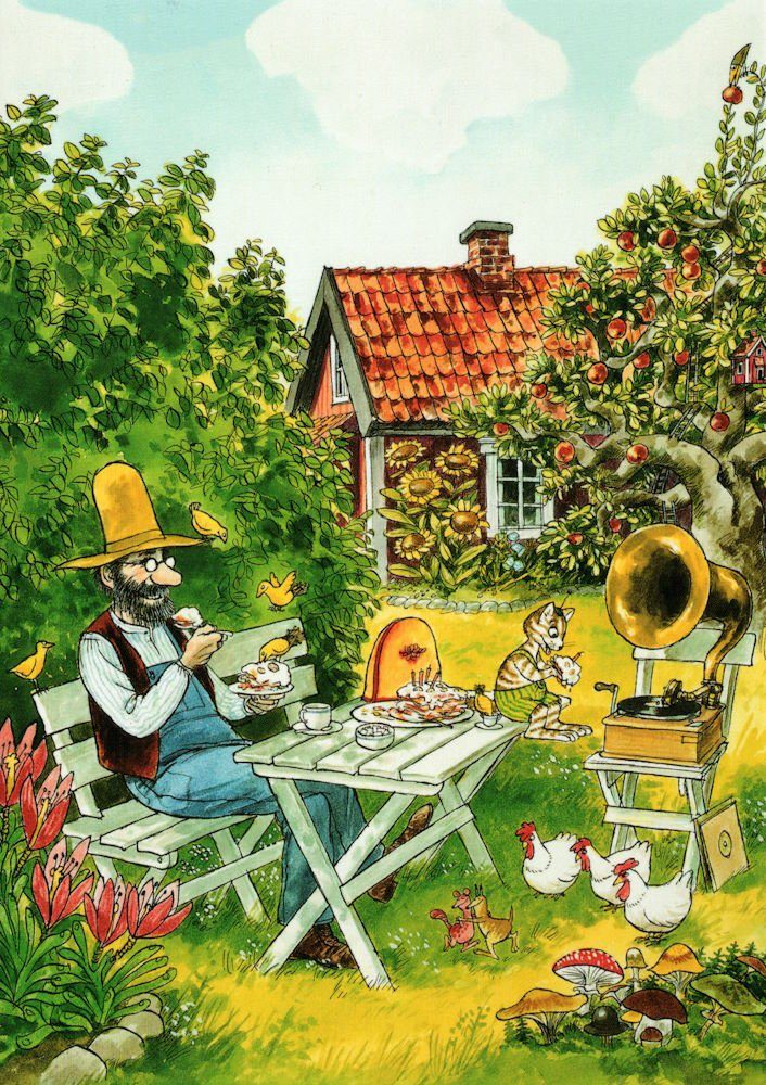"Pettersson Findus: Pfannkuchenessen" und Postkarte
