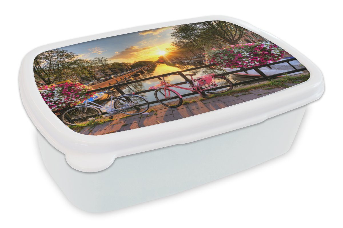 für MuchoWow Amsterdam Erwachsene, - Brücke Lunchbox Blumen - Kinder - Mädchen - und Brotbox Brotdose, für Kunststoff, Jungs und Sonnenuntergang, (2-tlg), Fahrrad weiß