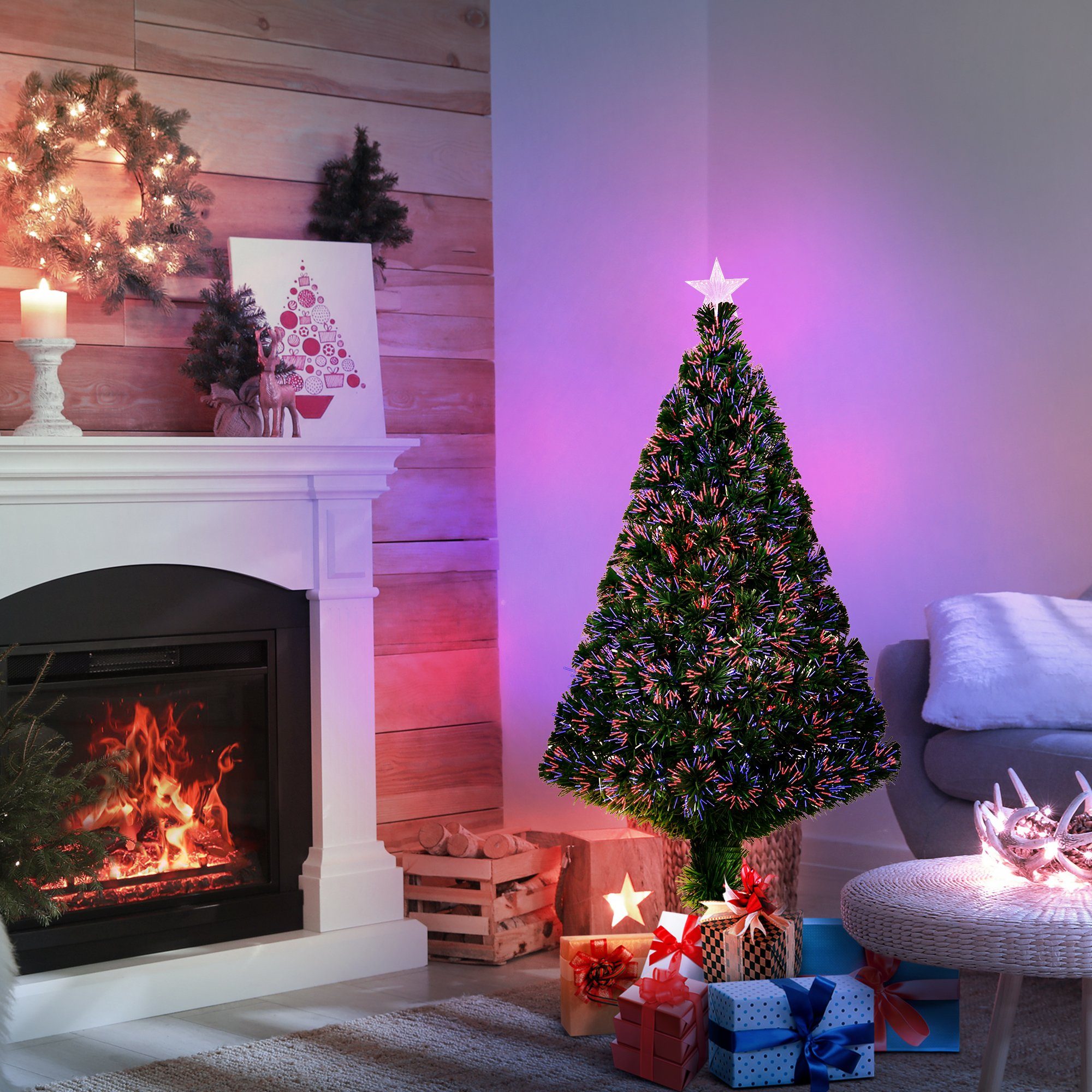 HOMCOM Künstlicher Weihnachtsbaum künstlich Christbaum 120 cm mit 59 Zapfen, Schnee, 1111 Spitzen, Tannenbaum, Lichtfaser LED Christaum, Grün, 120 cm