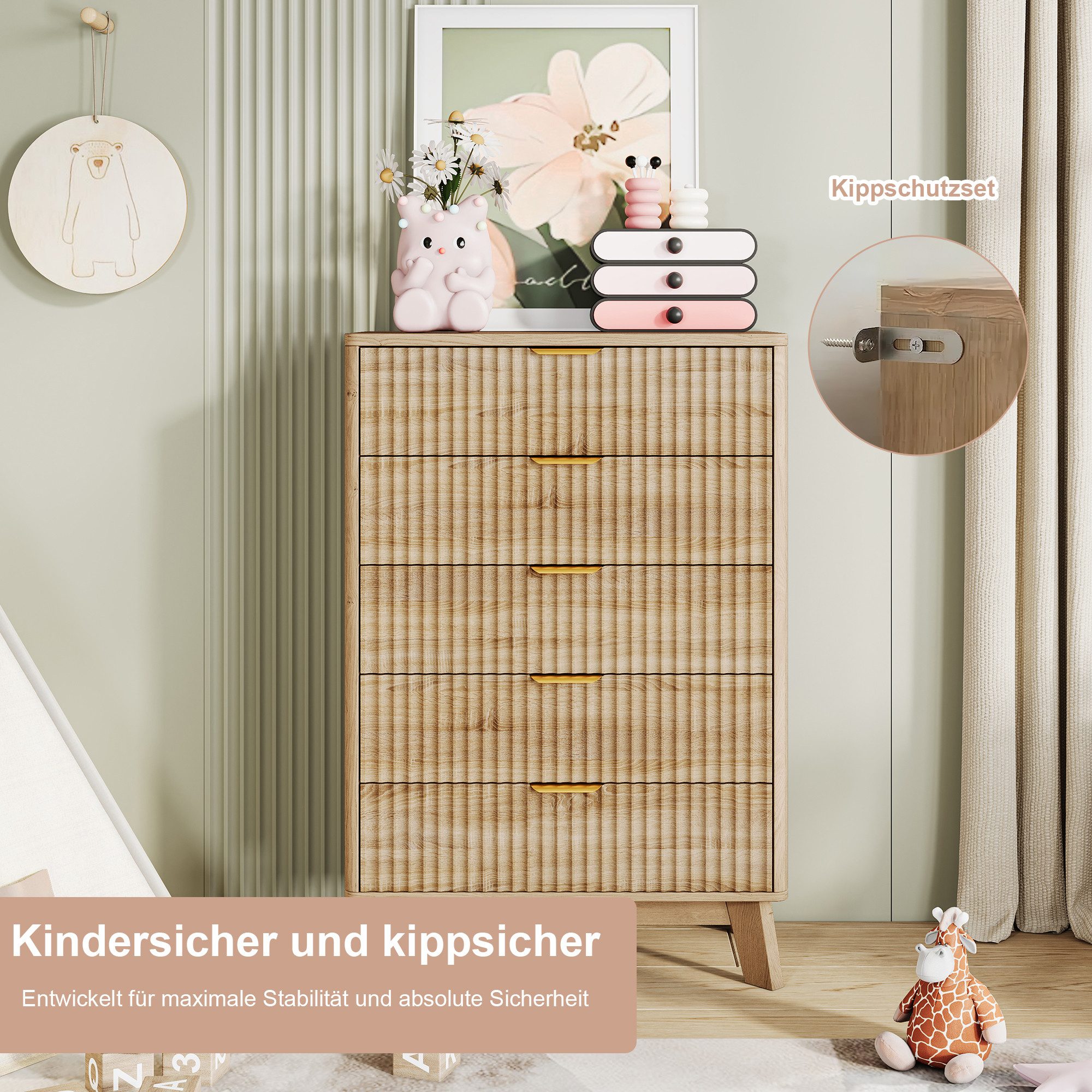 FUROKOY Kommode mit 5 Schubladen Holz Schrank, Sideboard mit Metallgriff,Wellenstruktur vorne,Naturholzfarbe – Bild 4 von 5