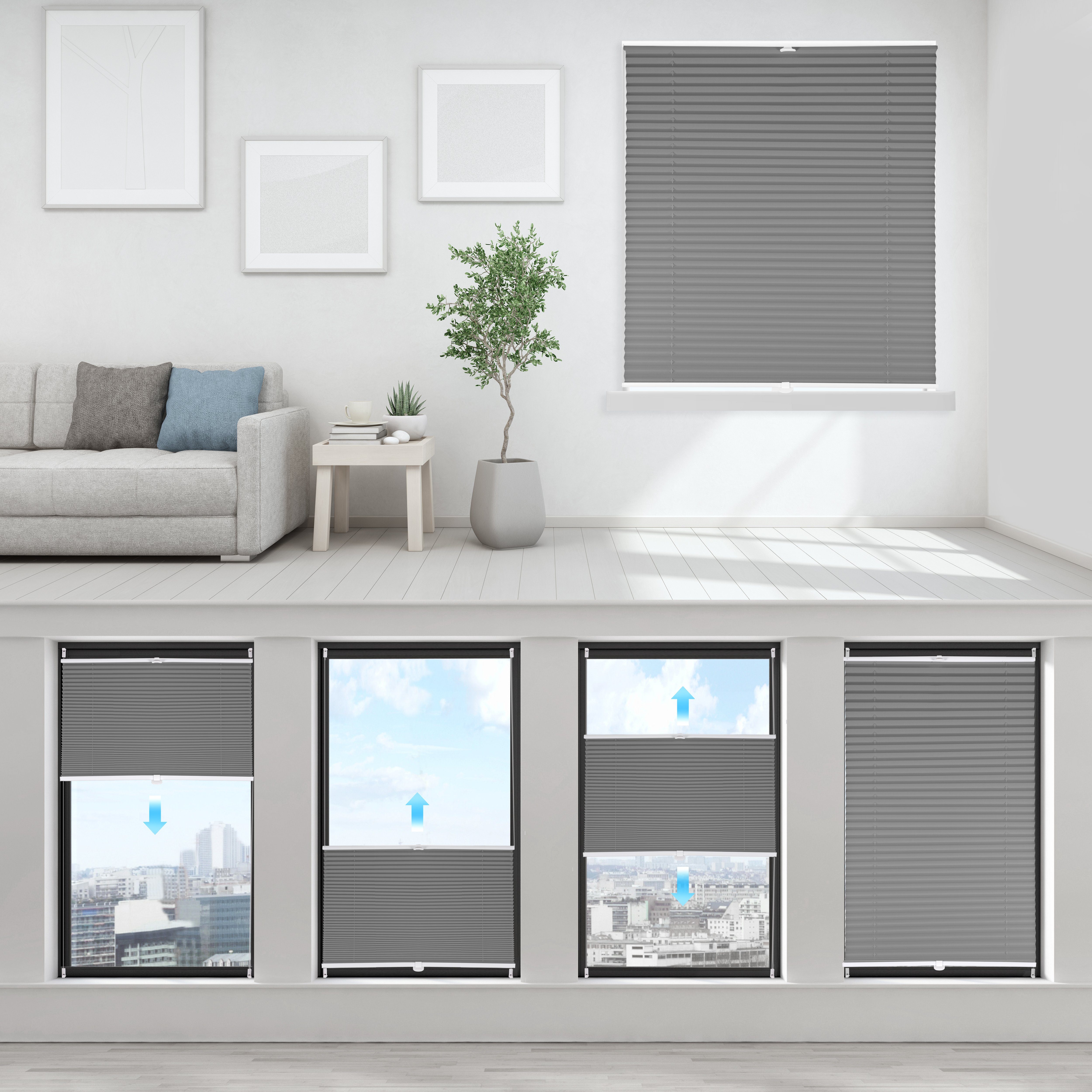 Sekey Plissee Plissee ohne Bohren lichtdurchlässig Rollo Faltrollo verspannt Grau, Klemmfix, Faltenstore Klemmfix Lichtschutz und Sichtschutz inkl Klemmträger