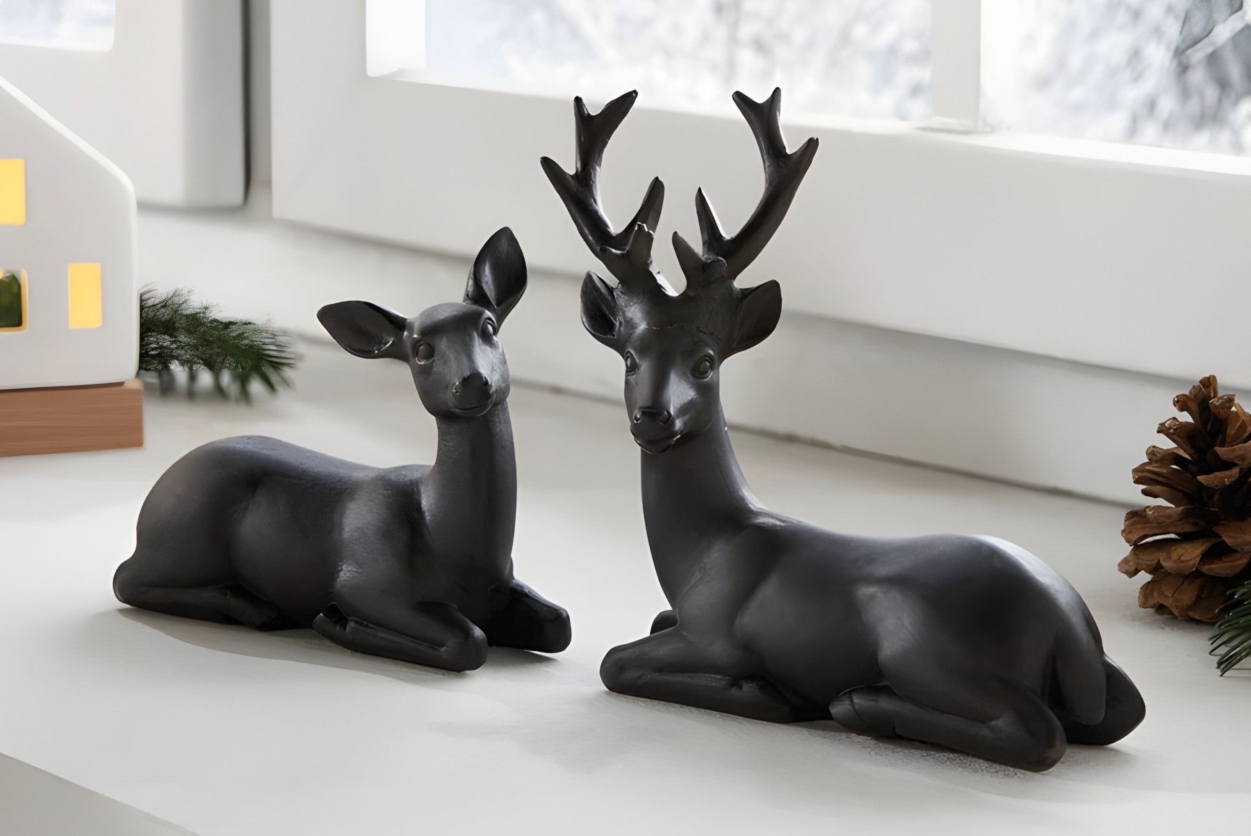 Dekoleidenschaft Dekofigur "Reh & Hirsch" aus Polyresin, matt schwarz, Tier günstig online kaufen