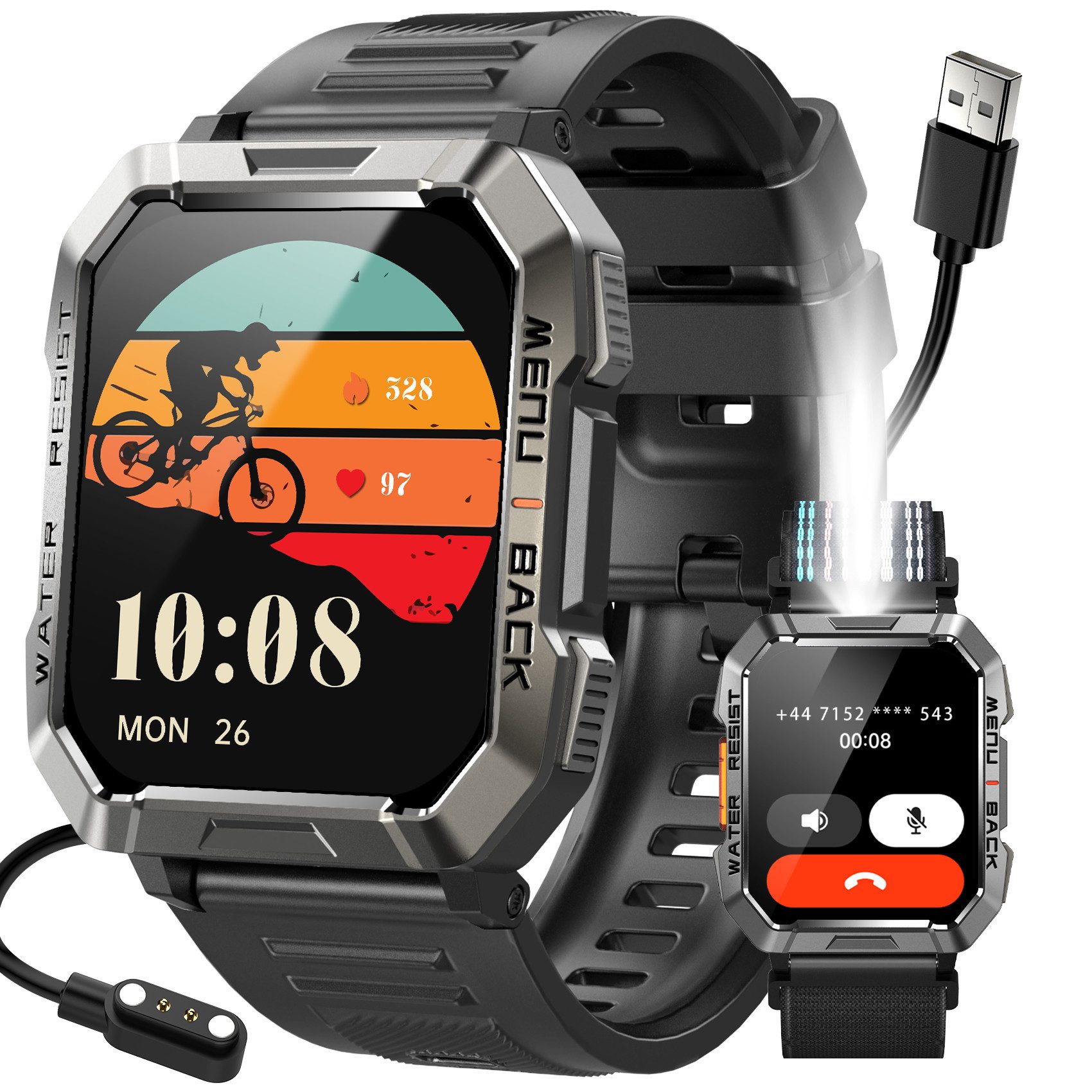 IOWODO MILITÄR SMARTWATCH HERREN W60 – 30 TAGE AKKU, LED-TASCHENLAMPE,KOMPASS Smartwatch Packung, mit atmungsaktivem, gewebtem Riemen geliefert, 2,01" Fitness Uhr,900 mAh,Bluetooth Anrufe,Ideal für Outdoor&Handwerk