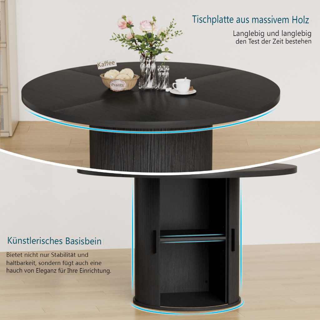 MECO Esstisch Küchentisch Esstisch Runder Ø120cm mit Schiebetüren und Stauraum (für 4 Personen), Bis 150kg, Stabil Esszimmertisch Holz für Esszimmer Wohnzimmer