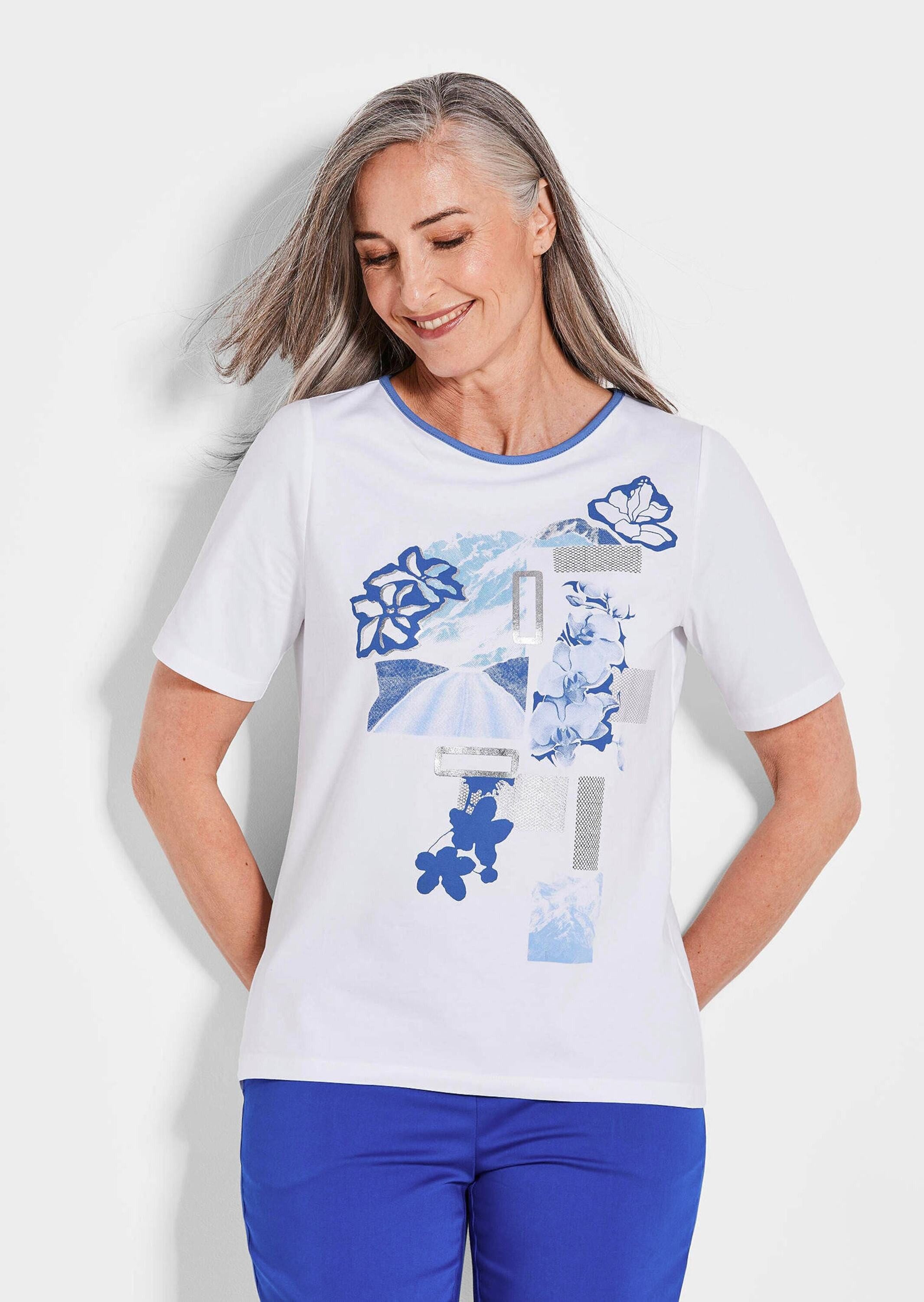 GOLDNER Print-Shirt Kurzgröße: Sommeroberteil mit Frontdruck Jerseyoberteil mit U-Boot-Ausschnitt, Halbarm, Baumwolle