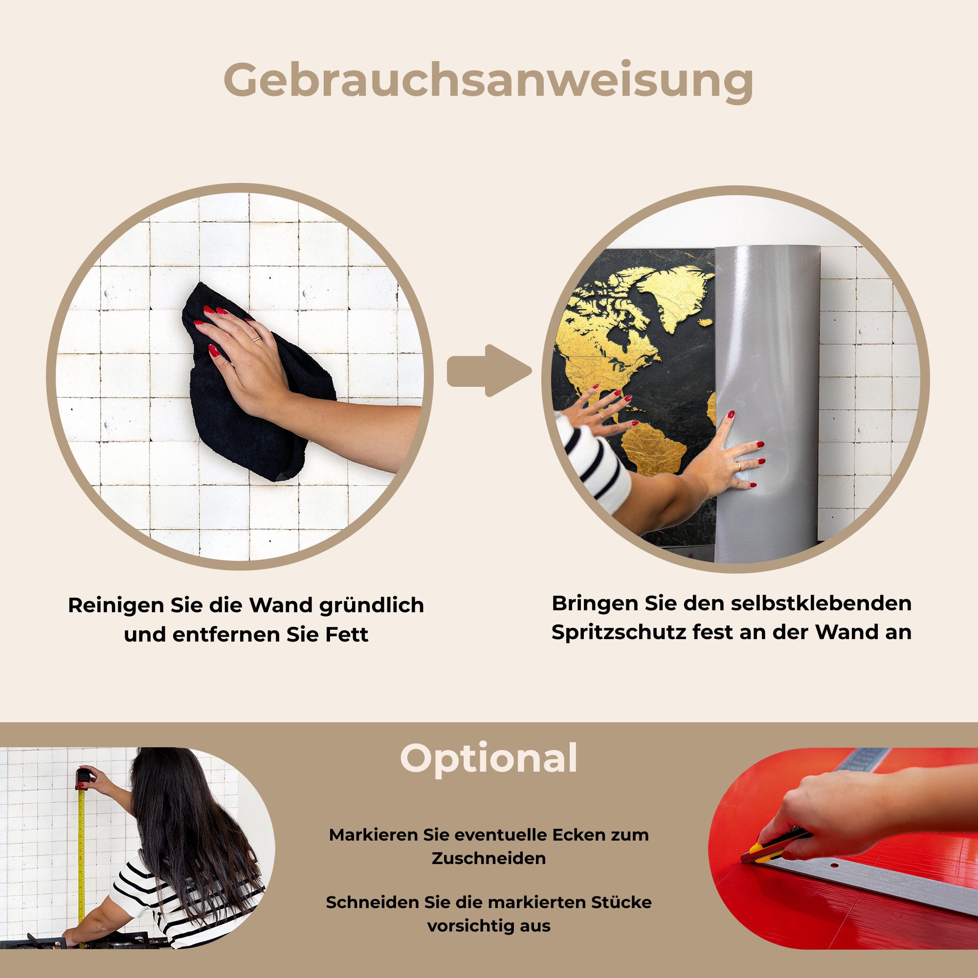 KitchenYeah Küchenrückwand selbstklebend (keine Folie) Weltkarte - Gold - Marmor, (1-tlg), Küchenrückwand, Spritzschutz, Kitchen, 60x30 cm – Bild 3 von 5