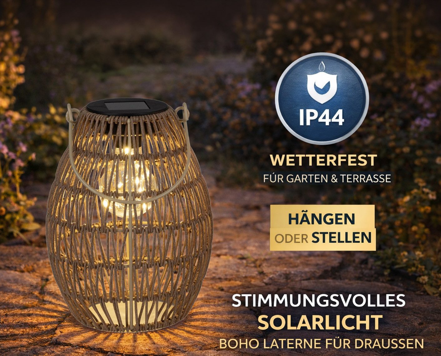 formano LED Laterne Solarlaterne Außen Balkon Metall Laterne natürliche Flechtoptik IP44, LED fest integriert – Bild 2 von 4