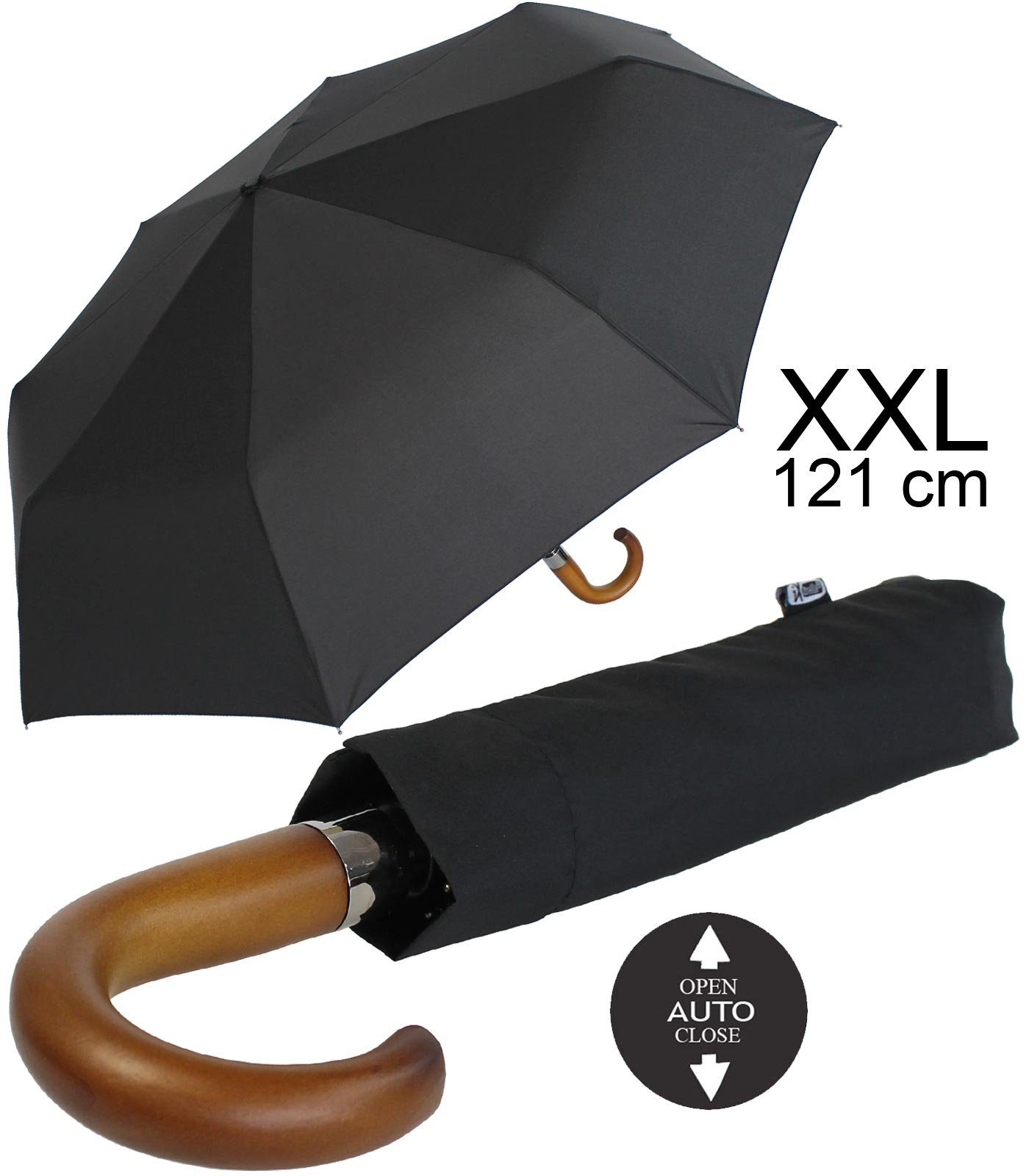 iX-brella Taschenregenschirm Automatik XXL Herrenschirm 121cm - mit Holzgriff, sehr großer Taschenschirm mit Rundhakengriff und Auf-Zu-Automatik schwarz
