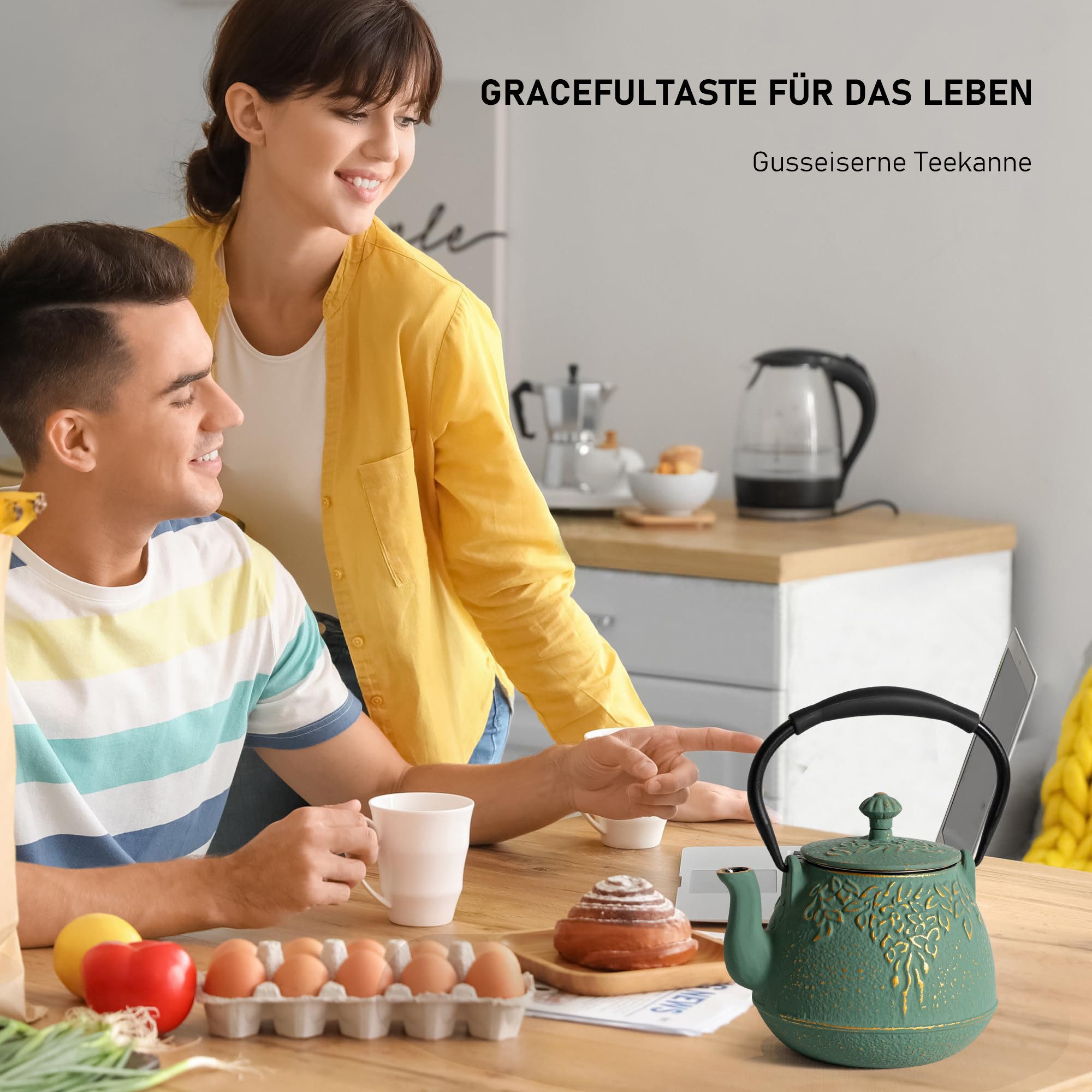 Vankel Teekanne Vielseitige Gusseisen Teekanne Kollektion mit Edelstahlfilter, Mehrere Farben & Muster, hitzebeständig mit Verbrühschutzgriff