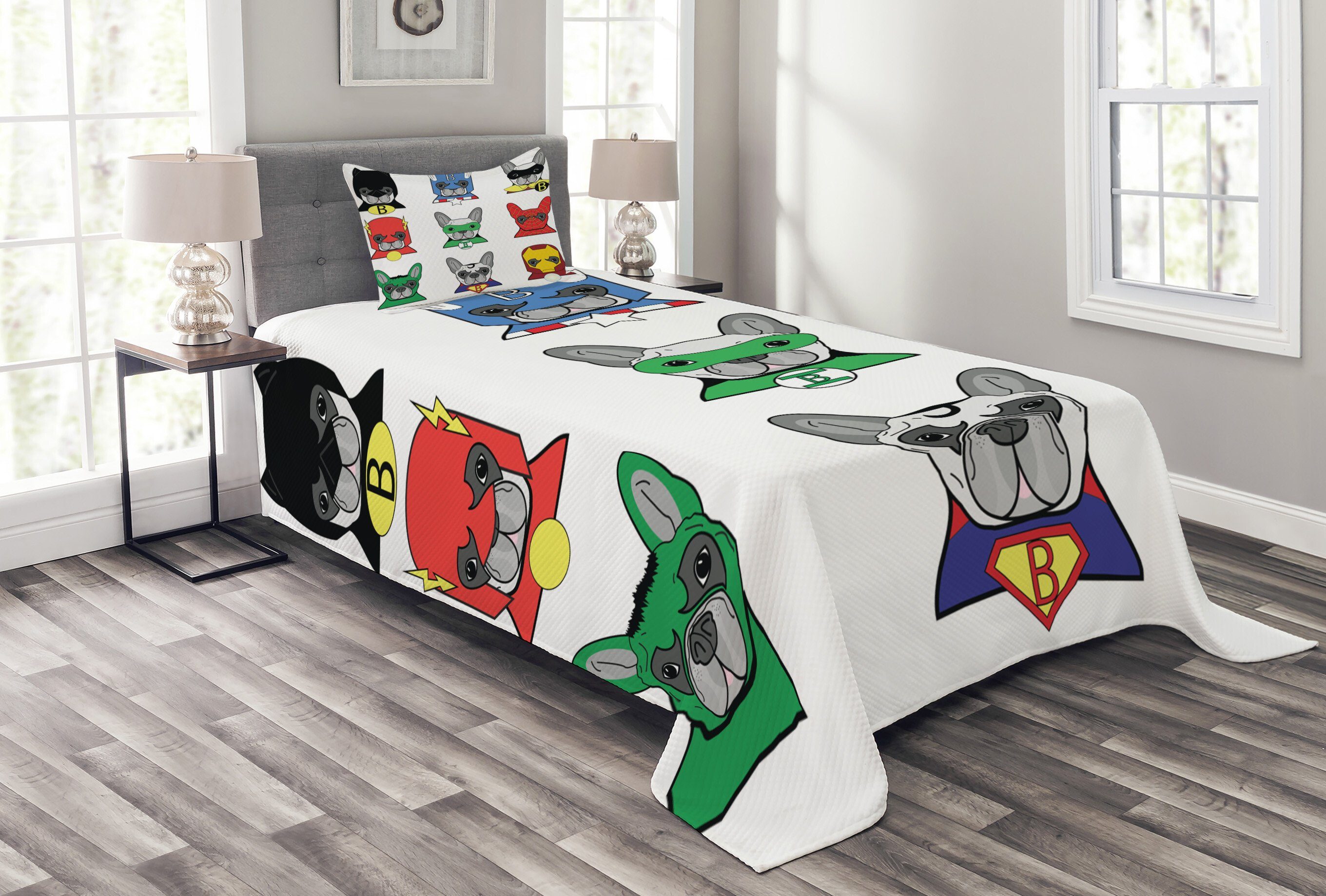 mit Art Waschbar, Abakuhaus, Cartoon Kissenbezügen Bulldog Hunde Tagesdecke Set