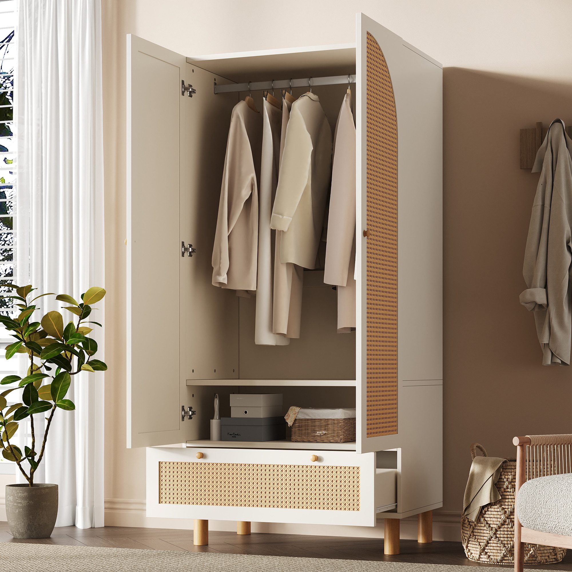 MODFU Kleiderschrank Kleiderschrank (Kleiderschrank, Garderobenschrank, 1-St., mit 2 Rattan-Türen, 1 Schublade, Kippsicherung) mit höhenverstellbaren Regalen, Kleiderstange