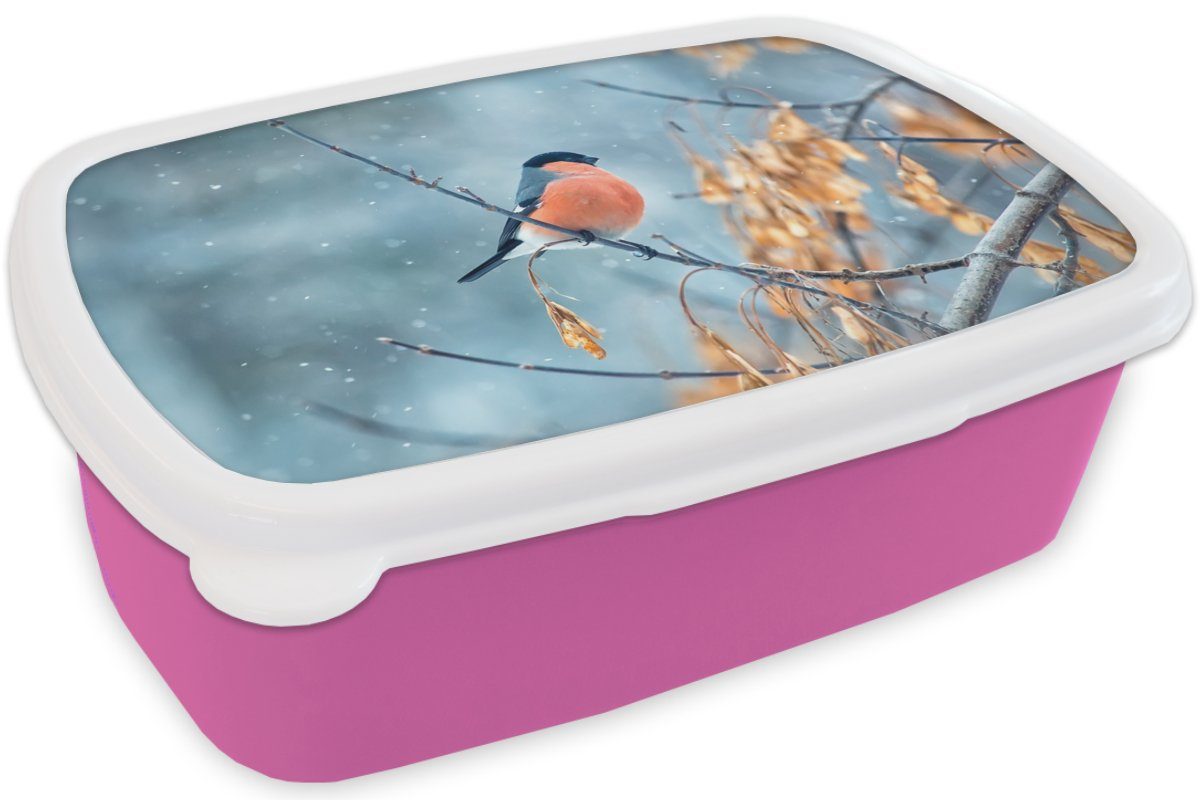Mädchen, Kunststoff - - Kunststoff, MuchoWow Brotbox Schnee Tier, Kinder, rosa Brotdose (2-tlg), Snackbox, Lunchbox für Vogel Erwachsene,