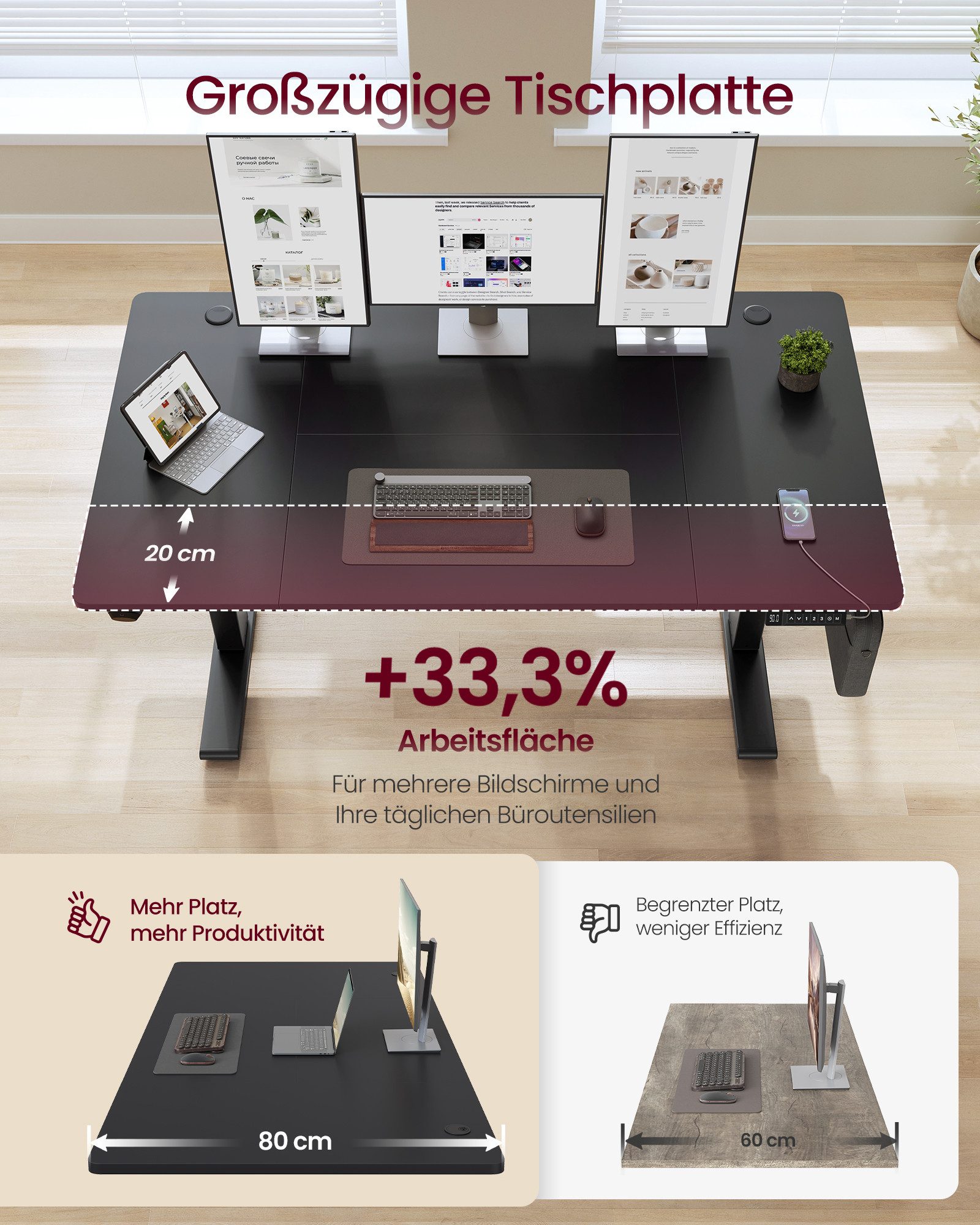 VASAGLE Schreibtisch Höhenverstellbarer, USB-C-Anschluss, Erinnerung bei langem Sitzen, Ablage für Steckdosenleiste, 3 Speichertasten, 120/140/160/180cm