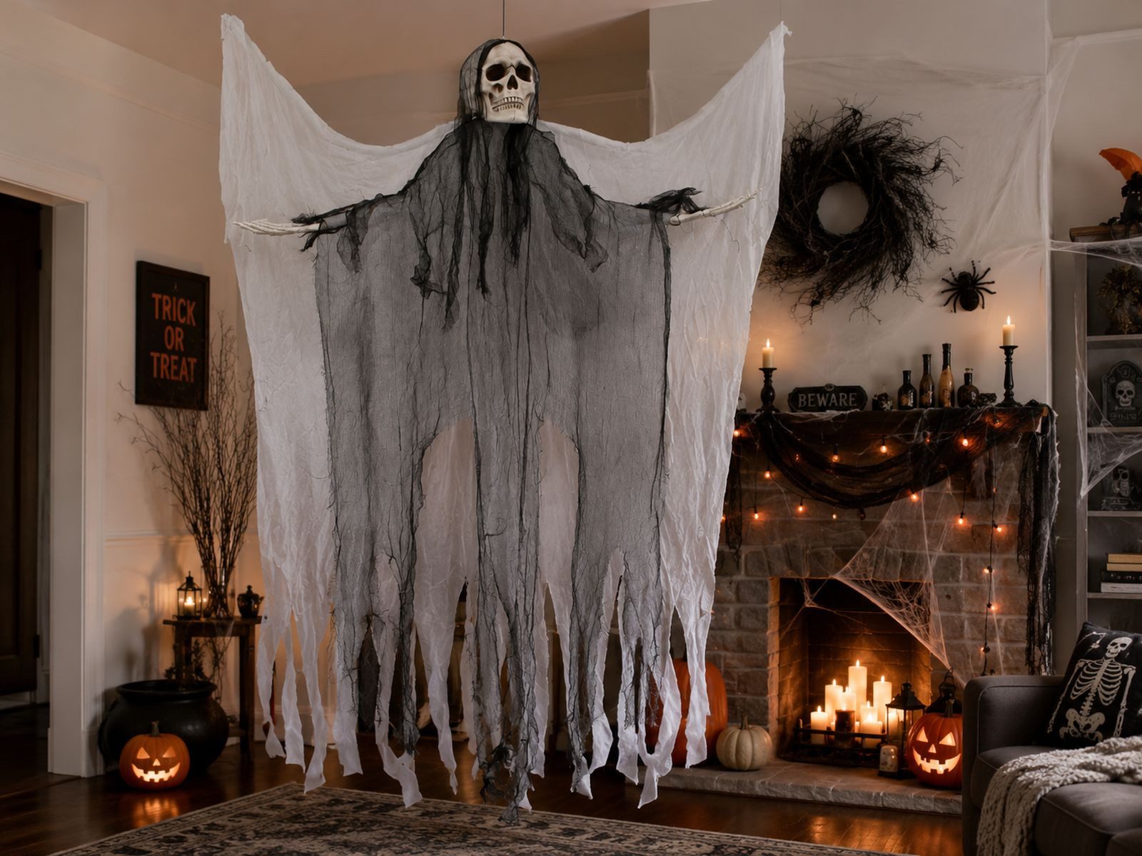Das Kostümland Dekoobjekt Todesengel Halloween Hängefigur 180 cm  Geist mit