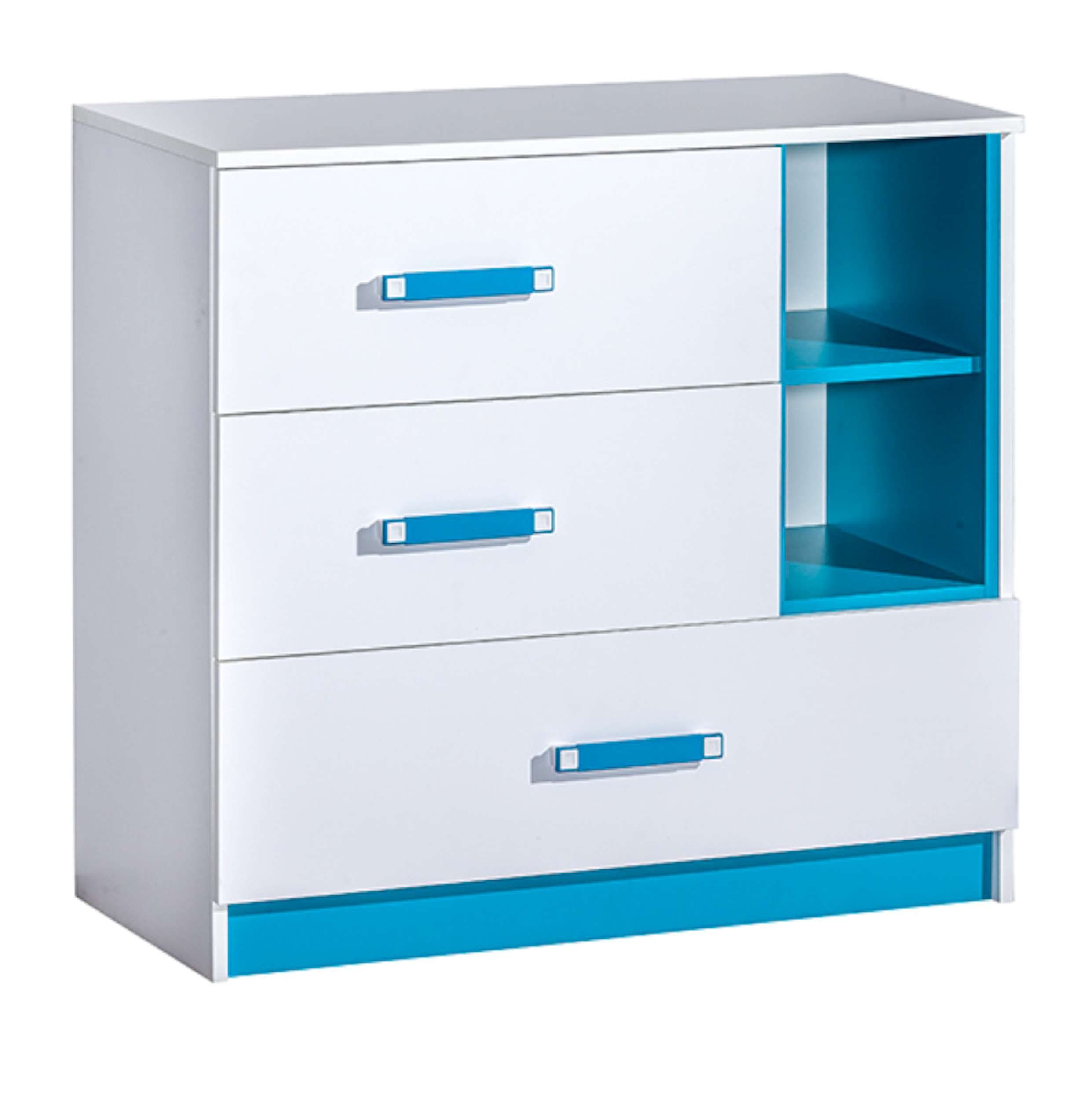 Stylefy Jugendzimmer-Set Taira I, (Komplett-Set, 1xKleiderschrank, Türkis für 1xLowboard, 5-St), - 2xKommode, bestehend stellbar, (Set, 1xWandregal, aus Weiß Kinder variabel