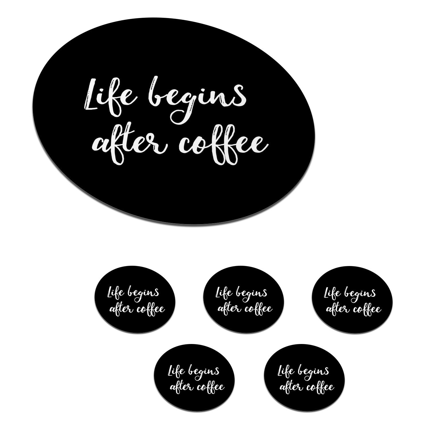 MuchoWow Glasuntersetzer Zitate - Kaffee - Das Leben beginnt nach dem Kaffee - Sprichwörter, Zubehör für Gläser, 6-tlg., Getränkeuntersetzer, Tassenuntersetzer, Korkuntersetzer, Tasse, Becher
