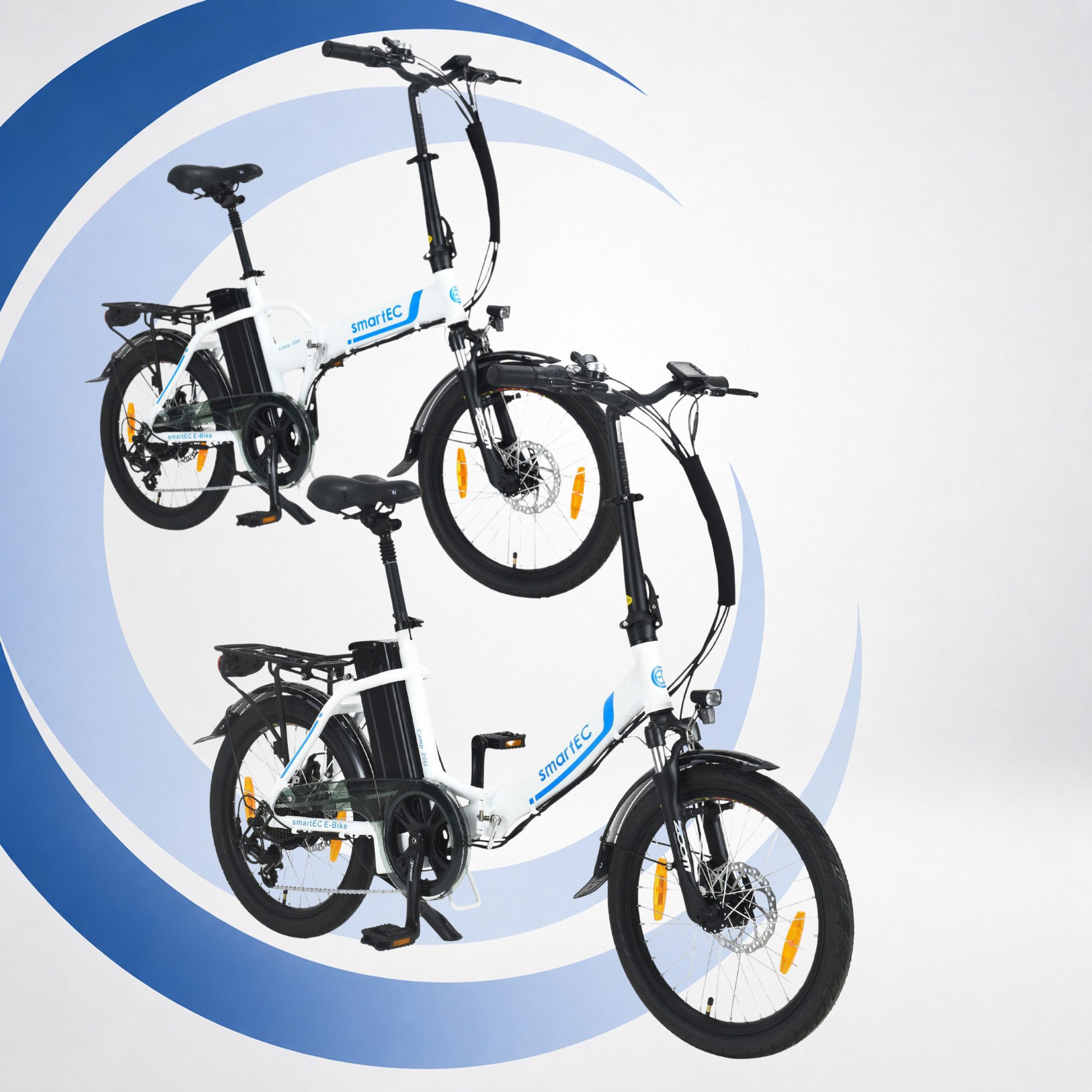 smartEC E-Bike Klapprad 2er Pack Camp-20D & 20H Falt Pedelec/E-Bike 20 Zoll Weiß smartEC, 7 Gang Shimano Tourney Schaltwerk, Kettenschaltung, Hinterrad-Nabenmotor, 562.00 Wh, (2er Set, 12 tlg., Akku mit Ladegerät), Damen/Herren Unterstützung 25 km/h Anfahrhilfe Scheibenbremse StVZO