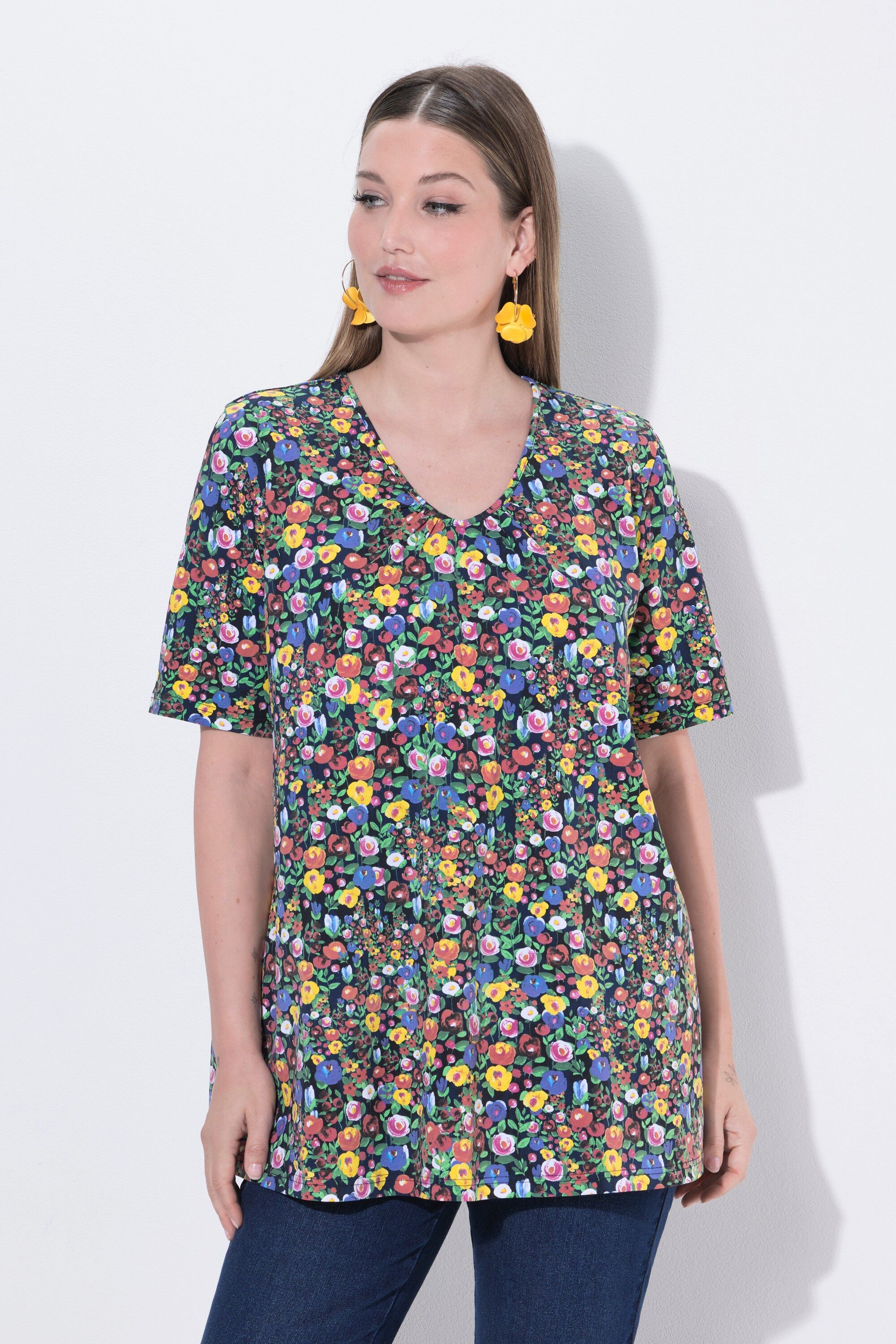 Ulla Popken T-Shirt T-Shirt Blüten A-Linie V-Ausschnitt Halbarm