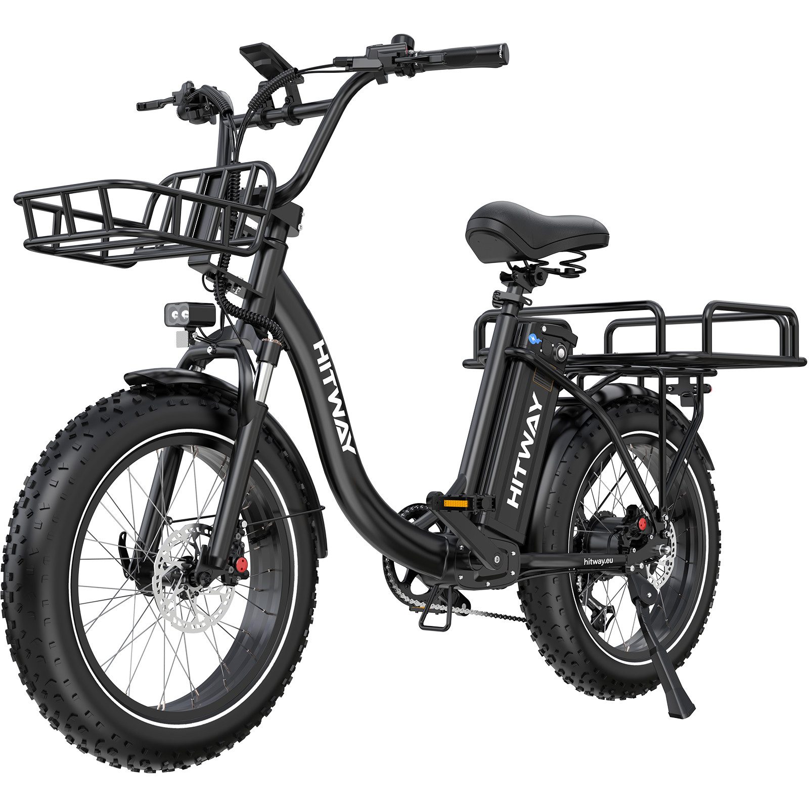 HITWAY E-Bike Cityrad 20*4,0 Zoll E-Lastenrad mit hydraulischer Scheibenbremse bis zu 160 km, 7 Gang shimano shimano Schaltwerk, Kettenschaltung, Heckmotor, 1296 Wh, E-BIKE mit 2 Körben, NFC,APP, StVZO