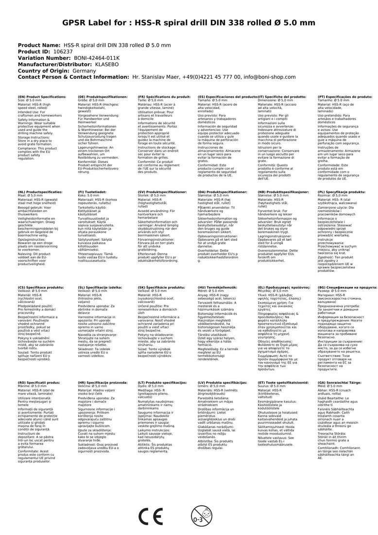 KLASEBO® Spiralbohrer HSS-R Spiralbohrer DIN 338 rollgewalzt Ø 5,0 mm