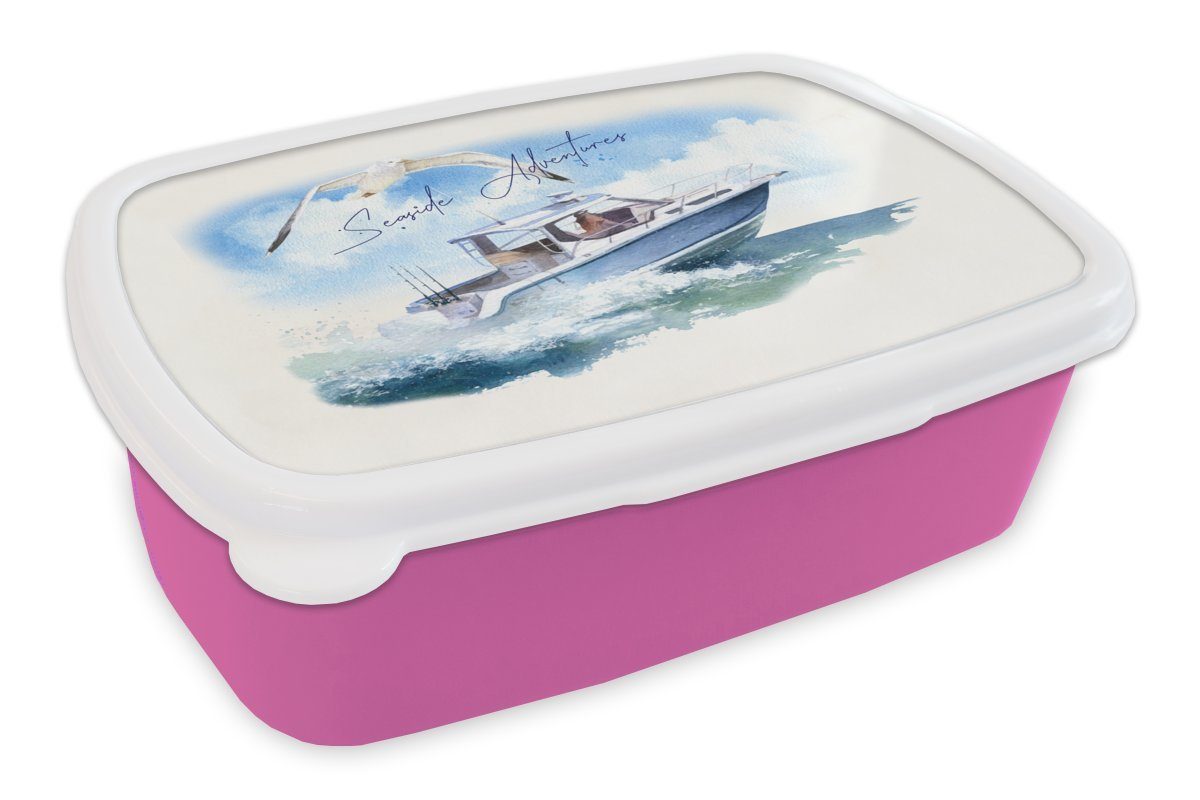 MuchoWow Lunchbox Boot - Vogel - Aquarell, Kunststoff, (2-tlg), Brotbox für Erwachsene, Brotdose Kinder, Snackbox, Mädchen, Kunststoff rosa
