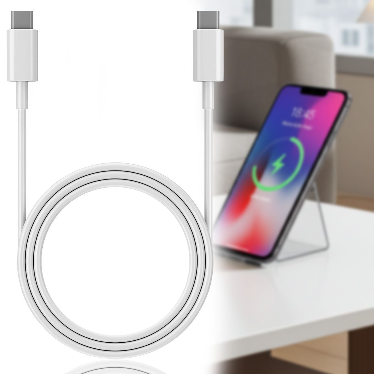 shop'n smile ideoon USB-C Ladekabel Weiß (1,5m), Schnellladekabel für Smartphone & Laptop USB-Kabel, (150 cm), 1,5m USB-C Ladekabel: 20W Power Delivery Schnellladen & flexibles TPE