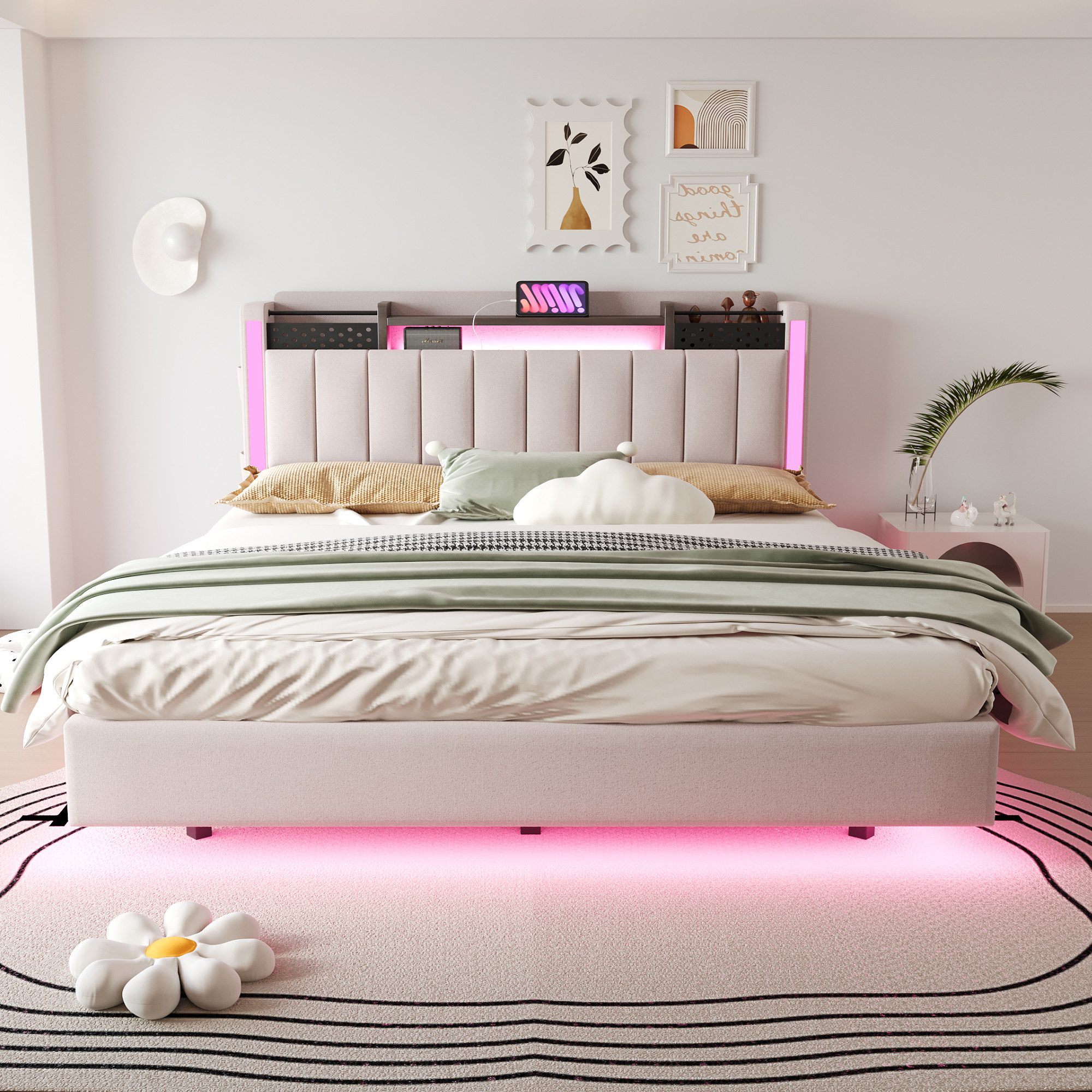 Flieks Polsterbett, LED Schwebebett Doppelbett 160x200cm günstig online kaufen
