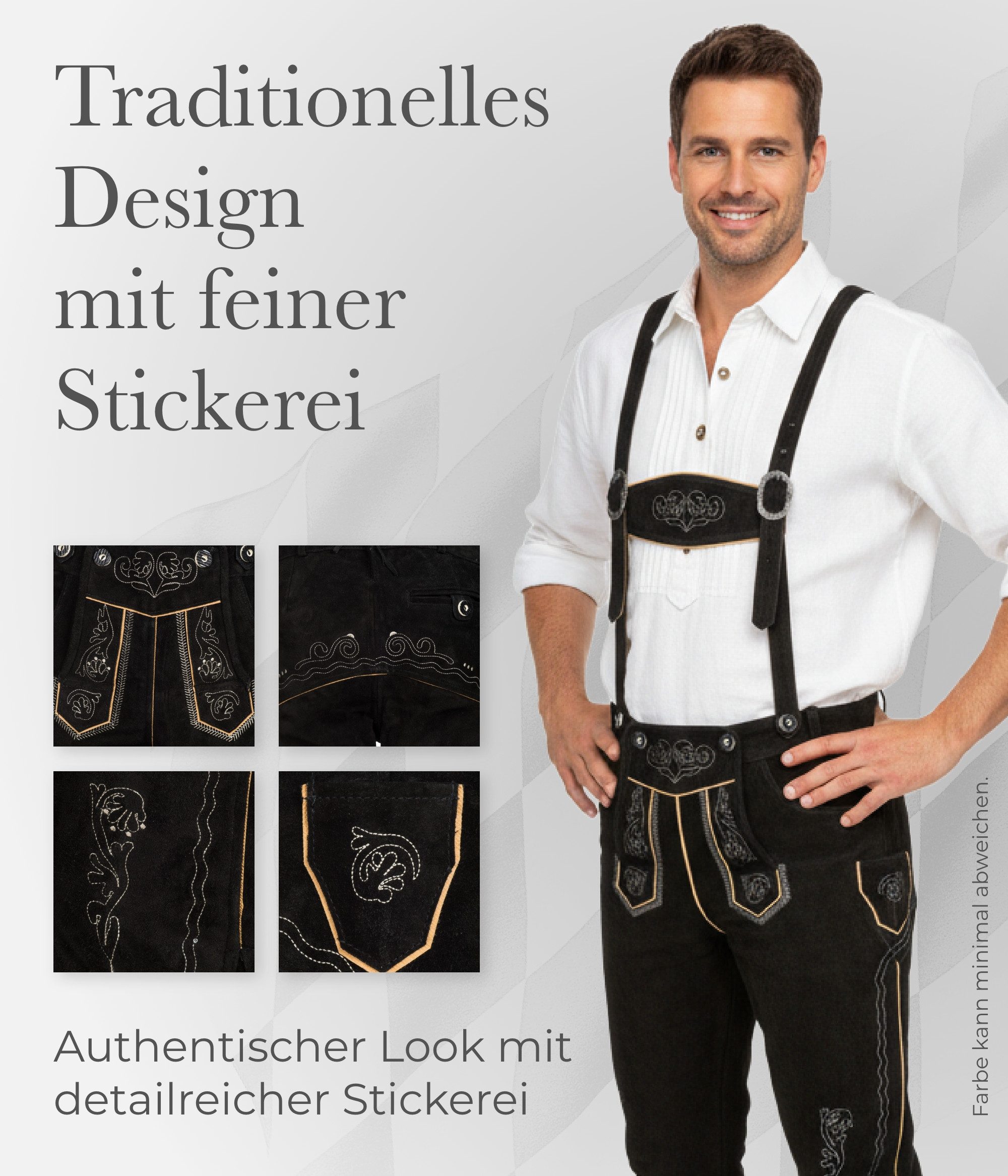 Spirit of Bavaria Trachtenlederhose aus 100% Echtleder I Lederhose Herren mit Träger I Tracht Hose Männer (I Traditionelle Trachtenlederhose für Herren, I Kniebund Oktoberfest Outfit Trachtenhose 506)
