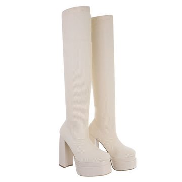 Ital-Design Damen Party & Clubwear Overkneestiefel Blockabsatz High-Heel Stiefel in Beige