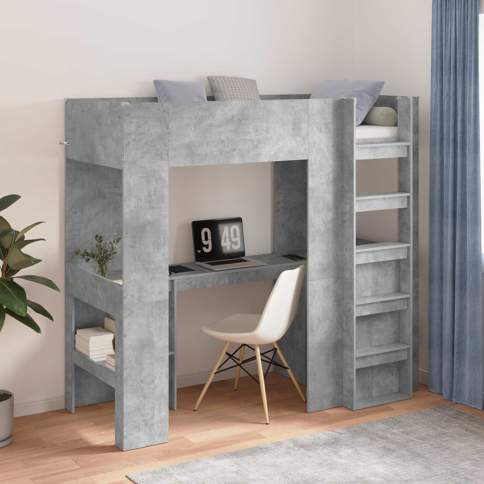 furnicato Bett Etagenbett mit Schreibtisch 193 x 80 x 175 cm Beton Grau, Hochbett mit integriertem Schreibtisch, Regalen und Sicherheitsgitter