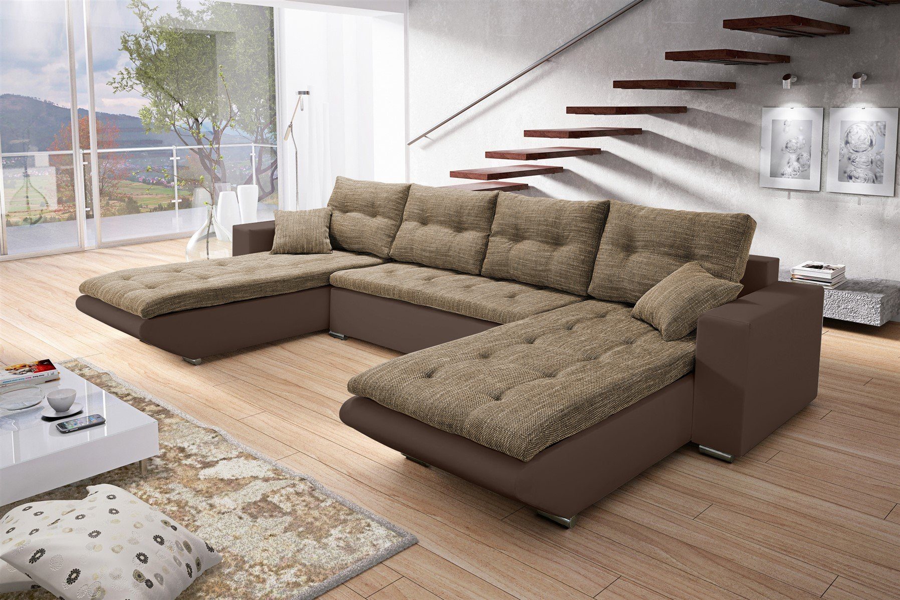 NINO und Rückenkissen, Fun Möbel Wohnlandschaft Wohnlandschaft inkl. Sofa mit Zierkissen Bettkasten XL Schlaffunktion, Mit Braun-Hellbraun