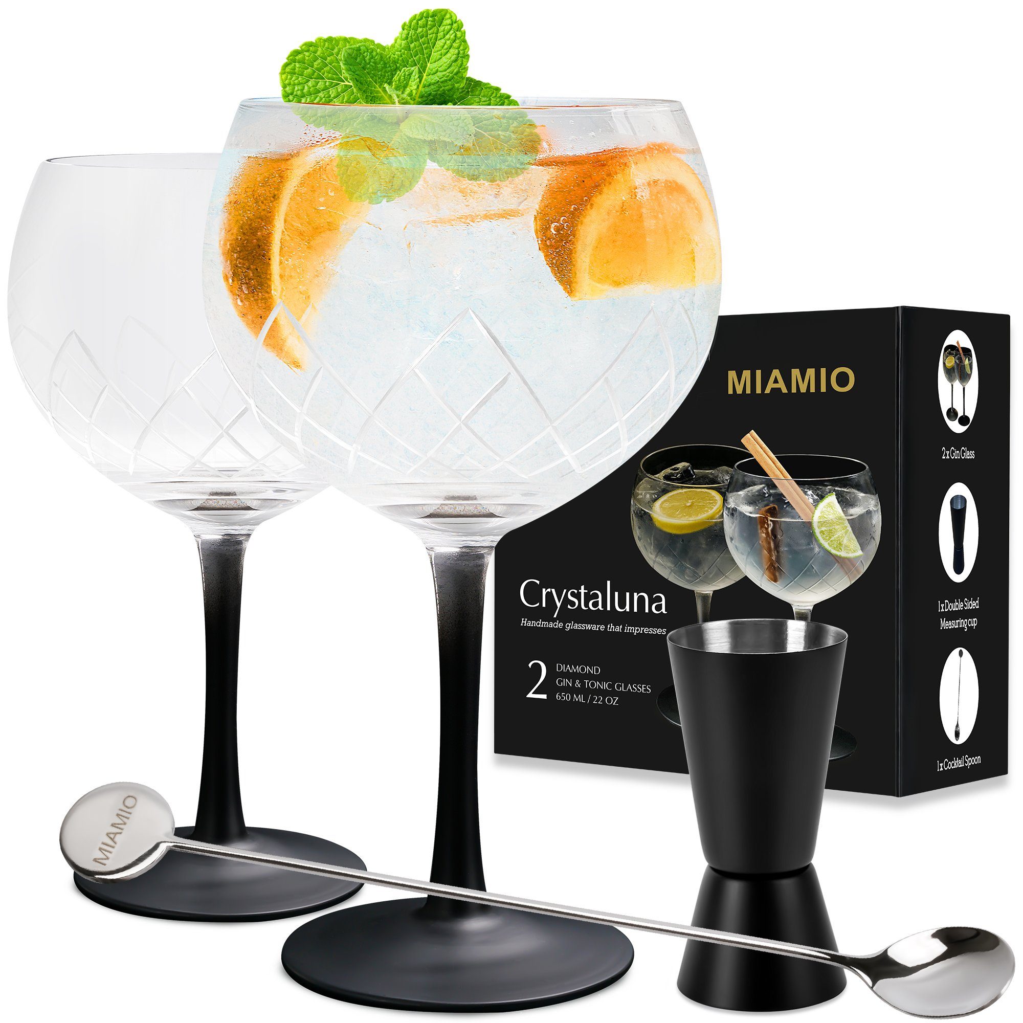 MiaMio Cocktailglas 2er Gin Gläser Set 2 x 650 ml inkl. Messbecher und Rührlöffel