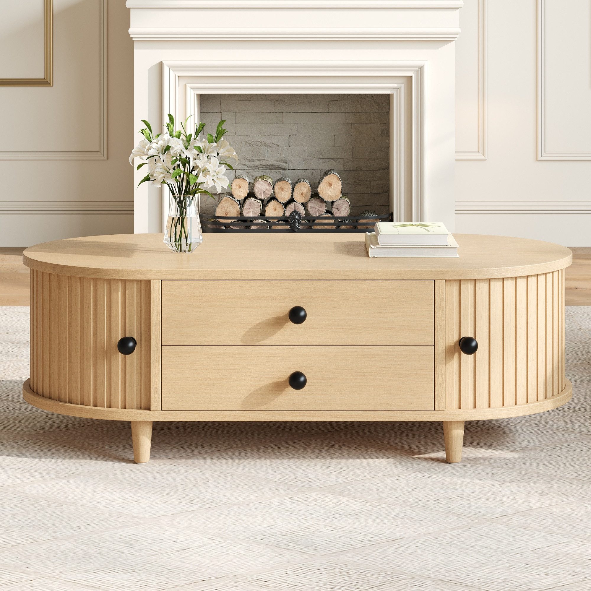 SeedWave Couchtisch Ovaler Sofatisch in Holzoptik mit 100cm Tischplatte, Schiebetüren, Wohnzimmertisch mit Stauraum und Massivholzbeinen