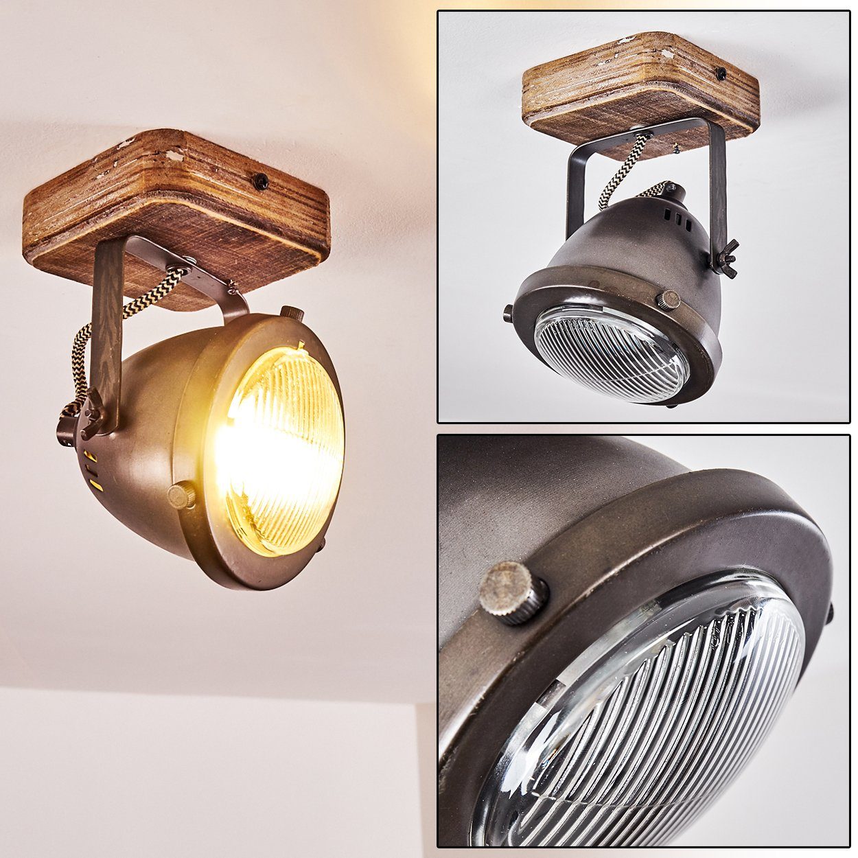 hofstein Deckenleuchte »Gavi« dimmbare Wandlampe aus Metall/Holz in Braun, ohne Leuchtmittel, Lampenschirm dreh-/schwenkbar, 1xGU10, Wandspot im Retro-Design