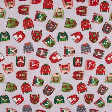 SCHÖNER LEBEN. Stoff Baumwollstoff Weihnachten Weihnachtspullover grau bunt 1,40m Breite, pflegeleicht
