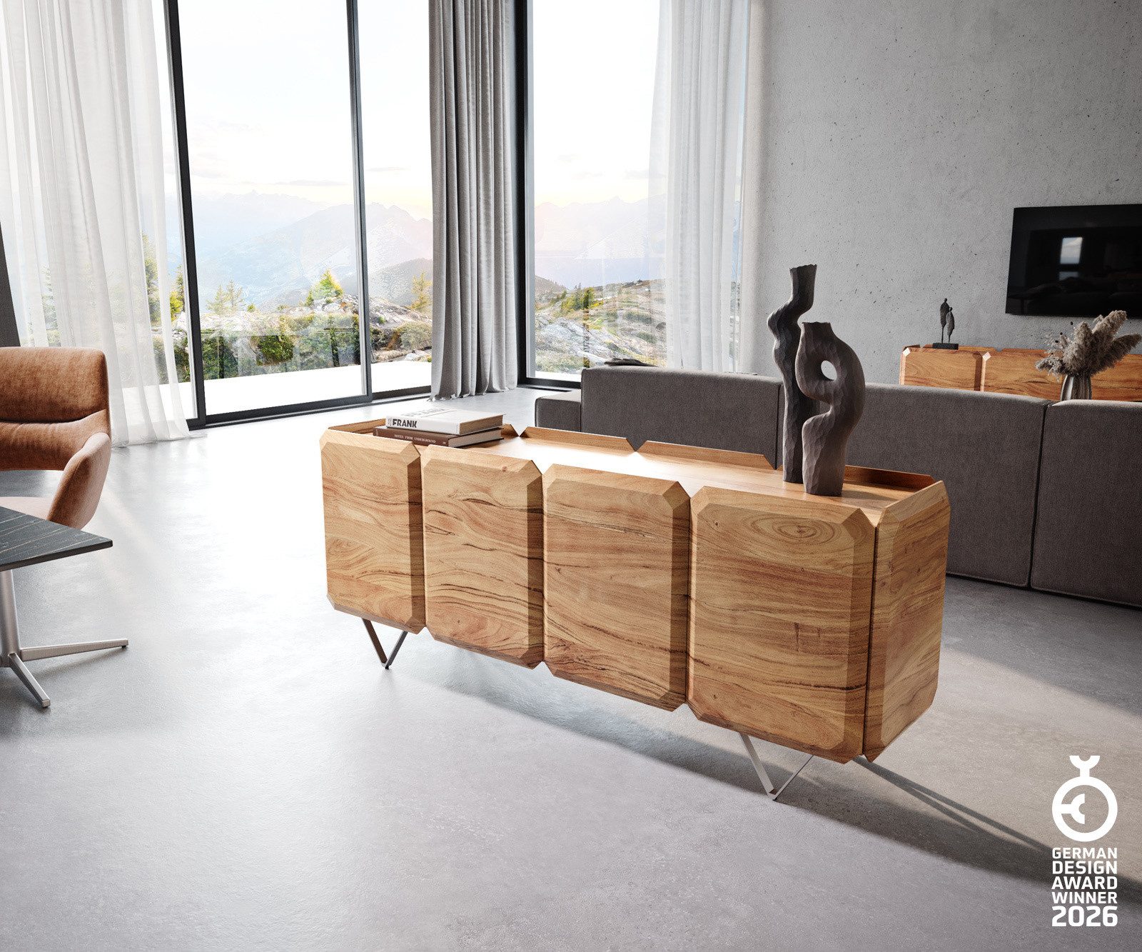 DELIFE Sideboard Kiano, Akazie Natur 175 cm 4 Türen V-Fuß Edelstahl Raumteiler