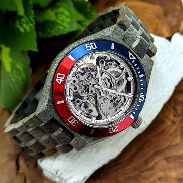 Holzwerk Automatikuhr DEMMIN Herren Edelstahl & Holz Armband Uhr, grau, silber, blau/rot