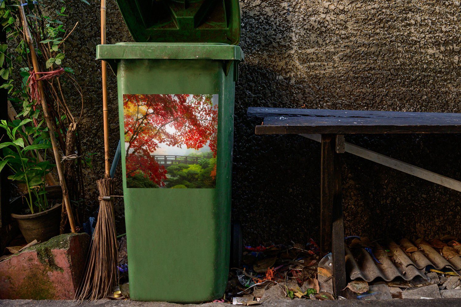 Japanischer Mülleimer-aufkleber, Abfalbehälter (1 Container, Japanisch Natur Wandsticker - Brücke Mülltonne, - MuchoWow Bäume - - Ahorn St), Sticker,