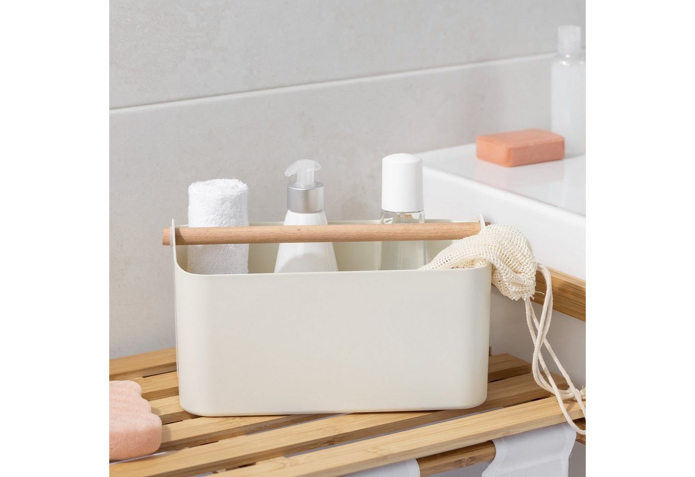 Thumbnail - Navaris Aufbewahrungsbox Aufbewahrungsbox Holzgriff - 2 Fächer Organizer - tragbar - mintgrün (1 St)