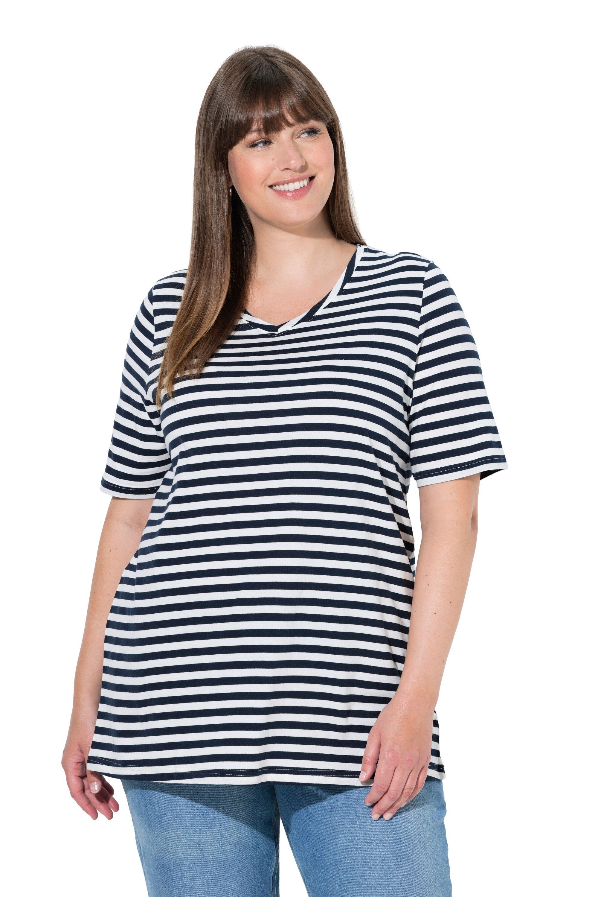 Ulla Popken T-Shirt T-Shirts 2er-Pack Ringel/uni V-Ausschnitt Halbarm günstig online kaufen