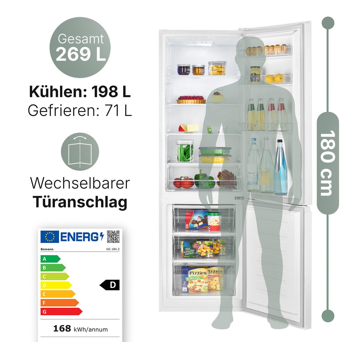 BOMANN Kühl-/Gefrierkombination KG 184.2, 180 cm hoch, 55 cm breit, 180cm Kühl-/Gefrierkombination, Energieklasse D