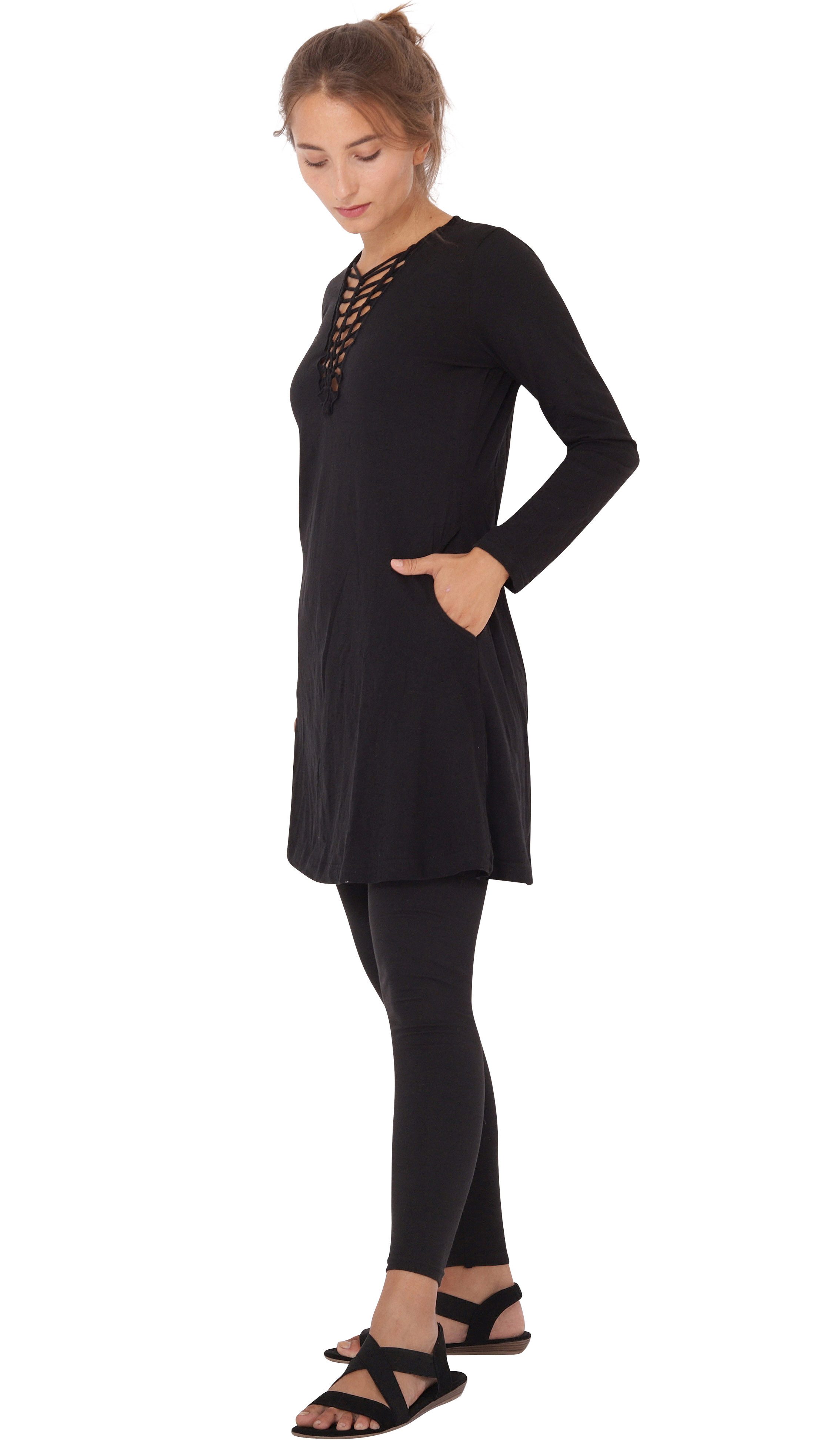 PUREWONDER Shirtkleid Shirtkleid Langarm mit geflochtenem V-Ausschnitt dr9 Schwarz XXL Jersey