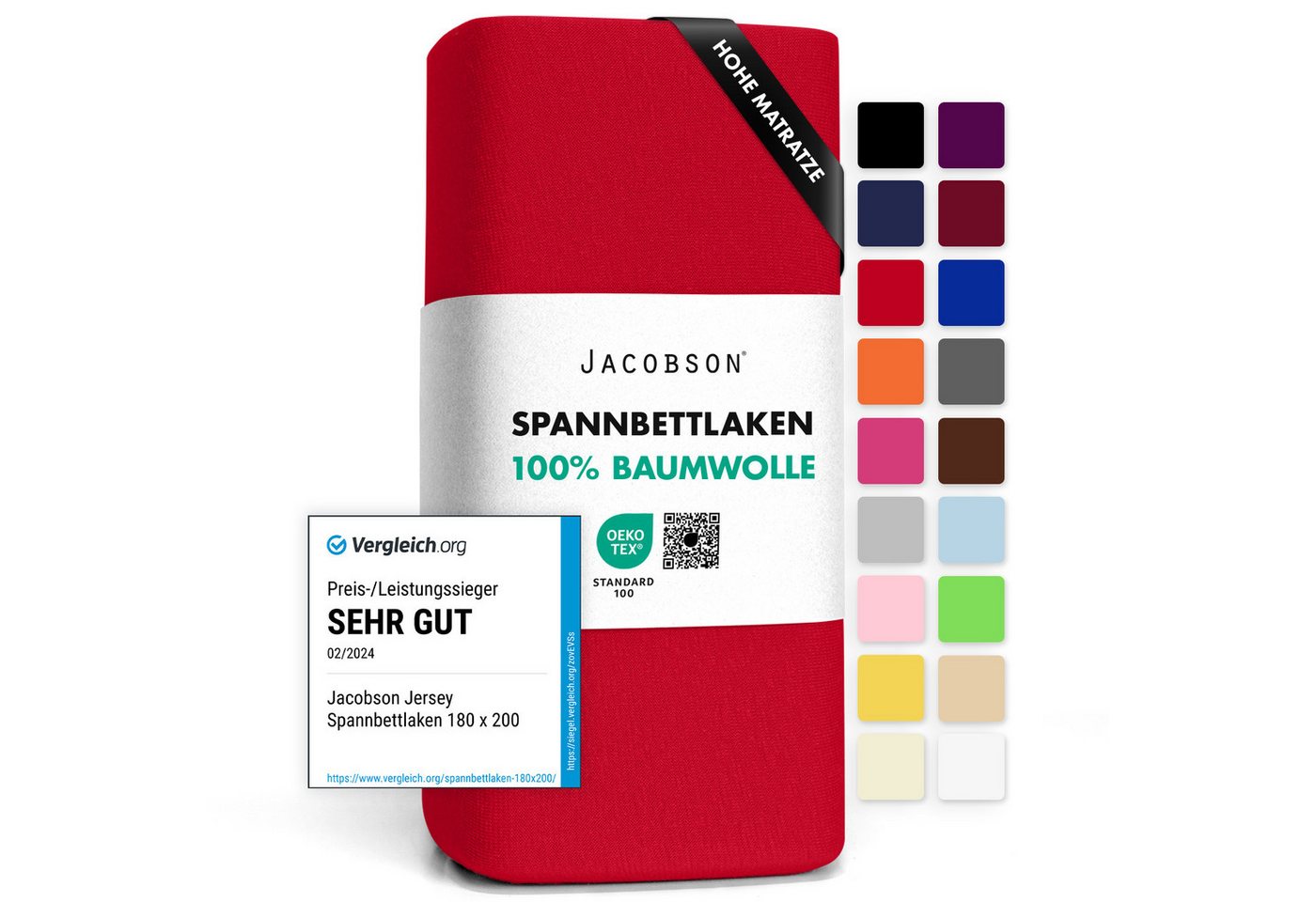 Jacobson Spannbettlaken BOXSPRING & ÜBERLÄNGE aus 100% Baumwolle, für hohe & lange Matratzen, Jersey Bettlaken 160 g/m²